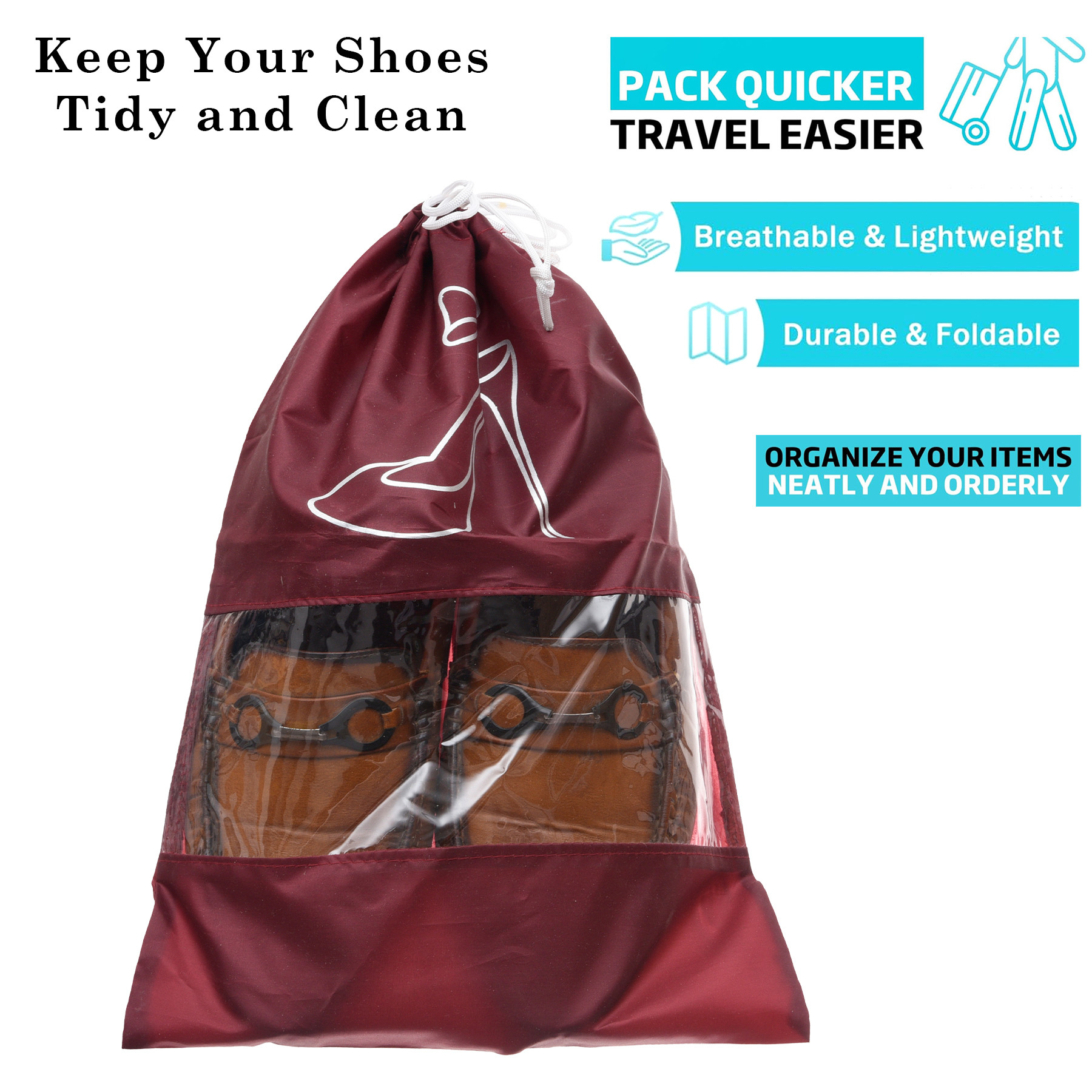 Kuber Industries Shoe Cover | Travel Shoe Storage Bags | Polyester Storage Bags | Drawstring Shoe Cover | Clear Transparent Shoe Storage Organizer |Maroon