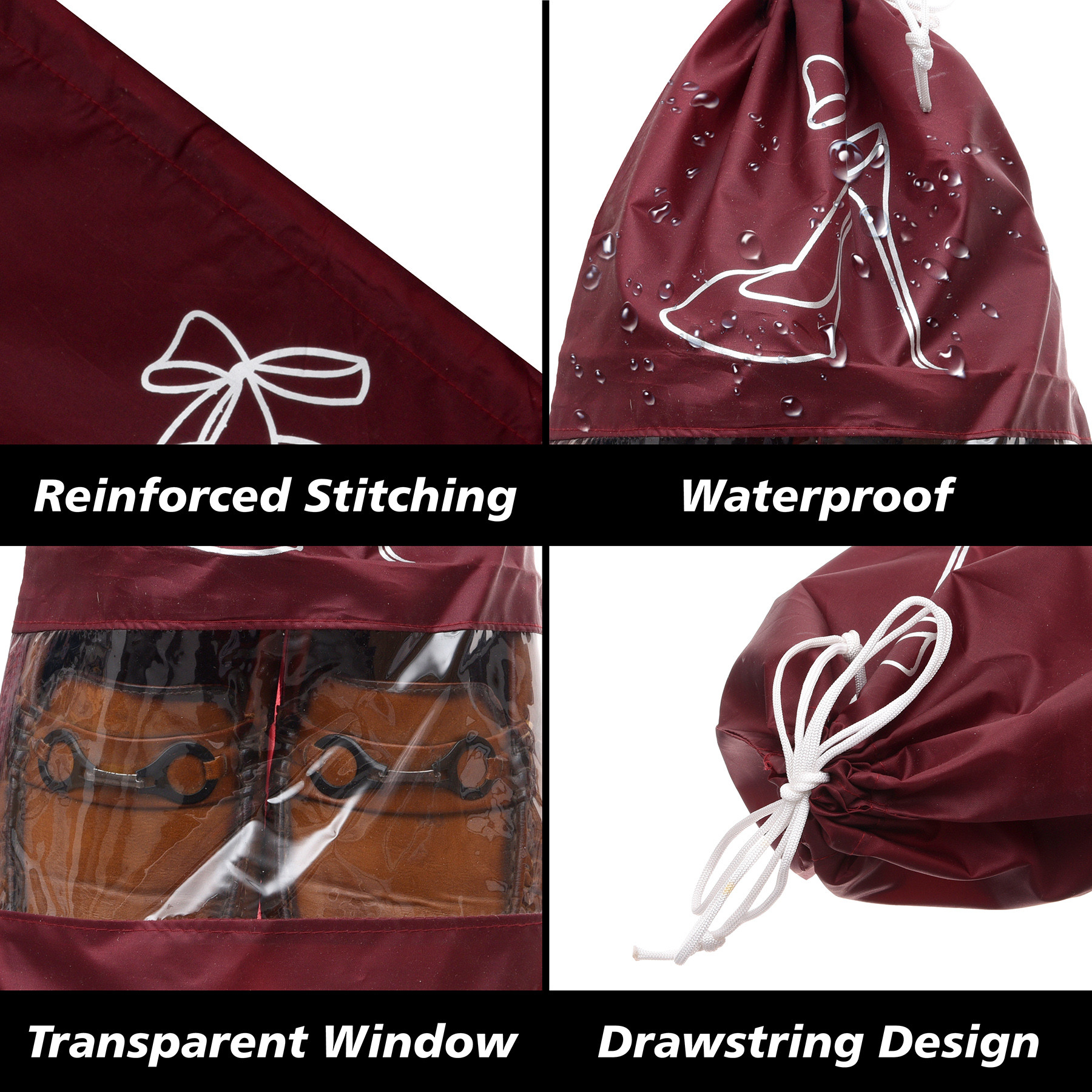 Kuber Industries Shoe Cover | Travel Shoe Storage Bags | Polyester Storage Bags | Drawstring Shoe Cover | Clear Transparent Shoe Storage Organizer |Maroon