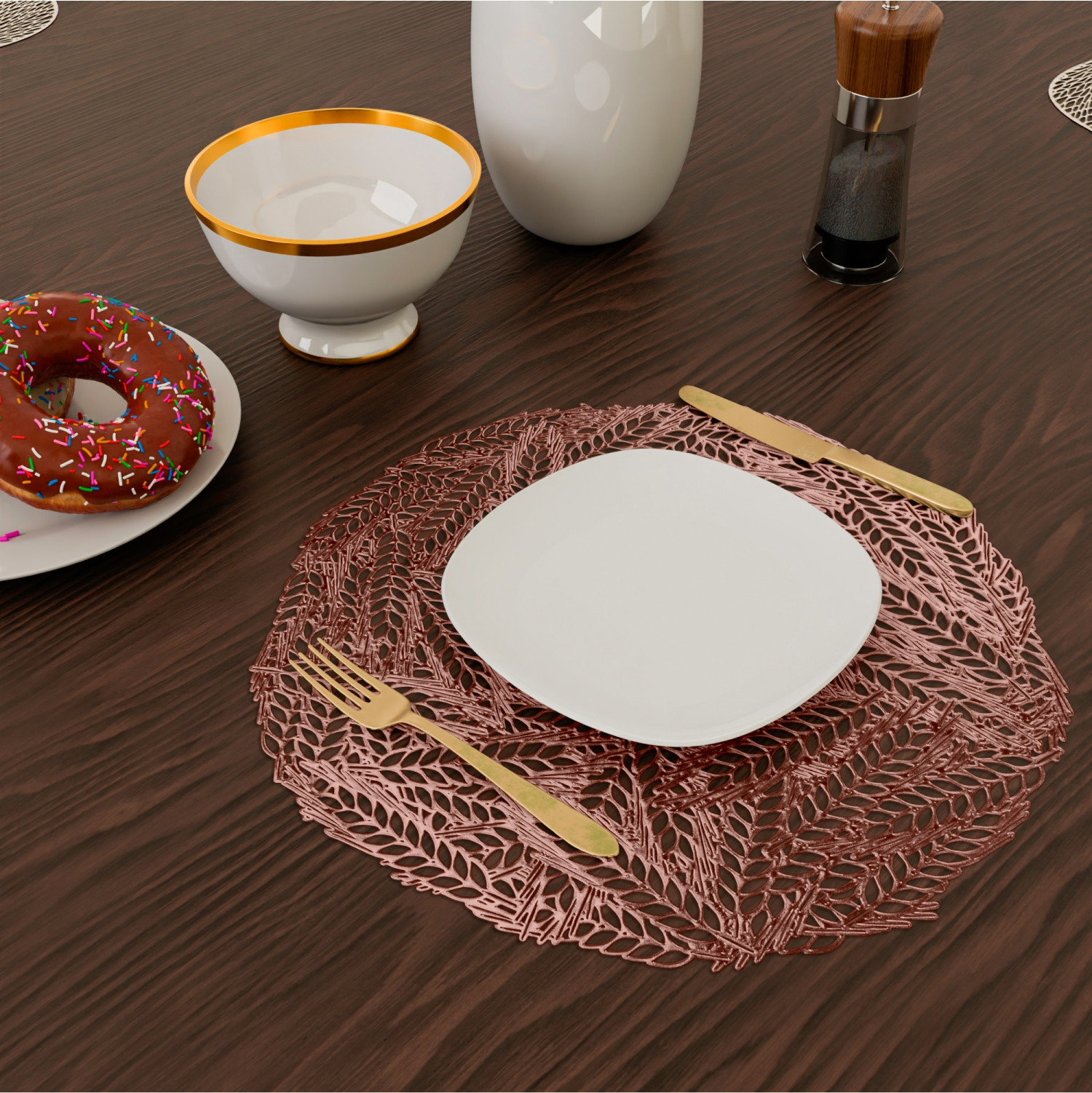 Kuber Industries Side Table Mats | Table Mat For Bedroom | Bed-Side Table Mat | Center Table Mat | Table Dining Mat | Table Runner Mat | Round Leaf-Design | 2 Piece Set | Copper