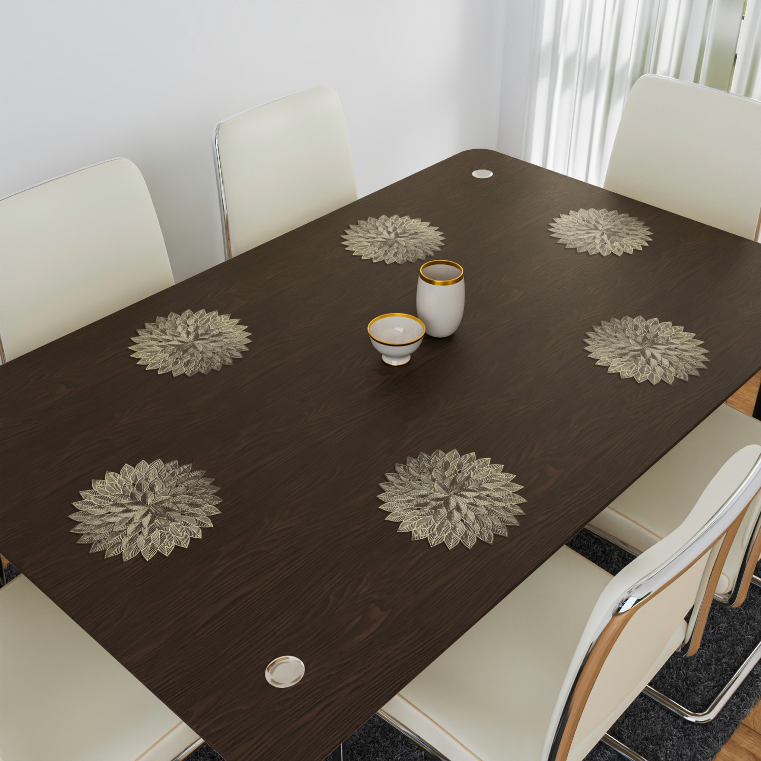 Kuber Industries Side Table Mats | Table Mat For Bedroom | Bed-Side Table Mat | Center Table Mat | Table Dining Mat | Table Runner Mat | Round Flower | 2 Piece Set | Golden