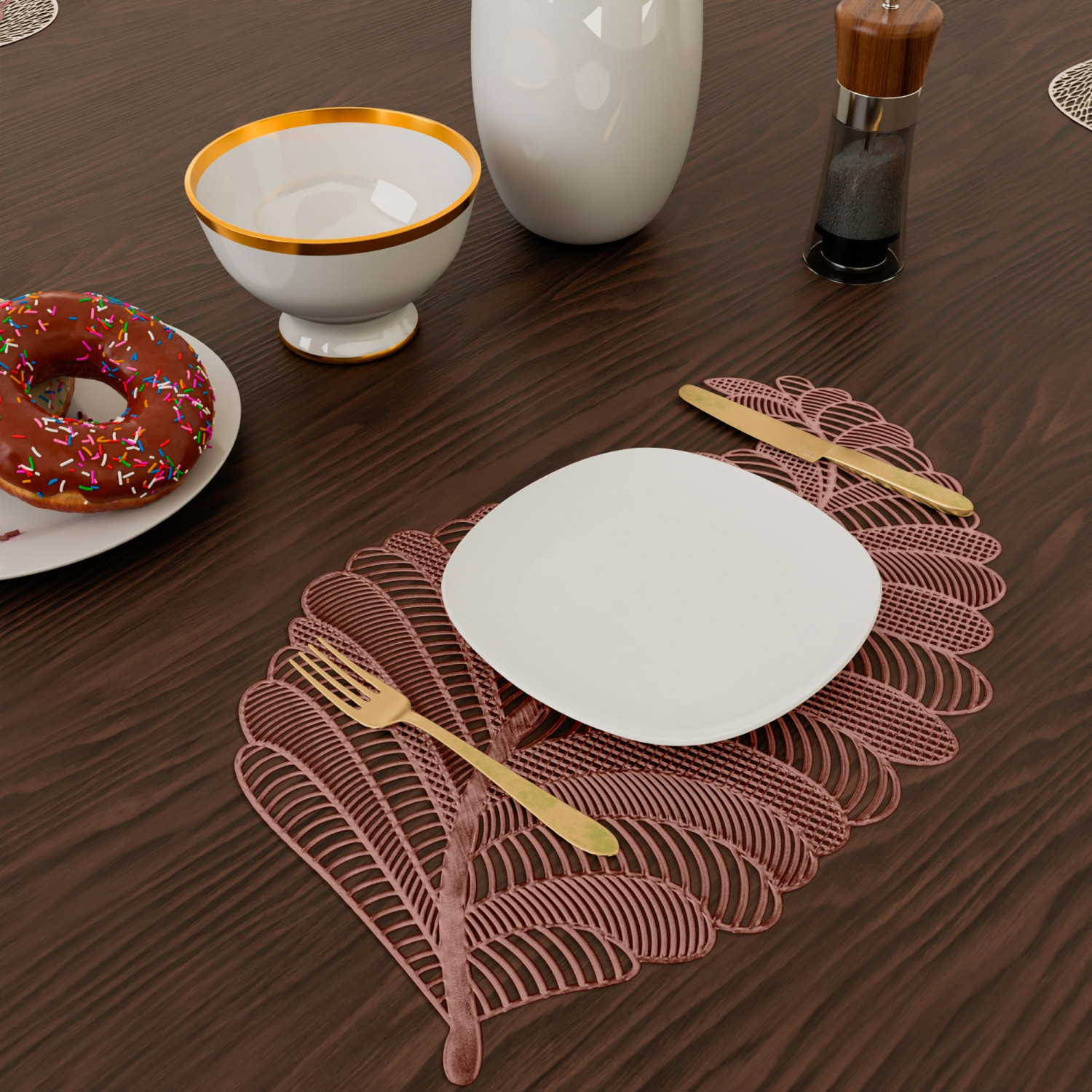 Kuber Industries Side Table Mats | Table Mat For Bedroom | Bed-Side Table Mat | Center Table Mat | Table Dining Mat | Table Runner Mat | Leaf Shape | 2 Piece Set | Copper