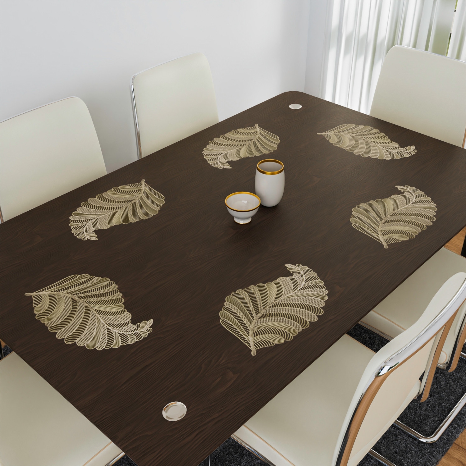 Kuber Industries Side Table Mats | Table Mat For Bedroom | Bed-Side Table Mat | Center Table Mat | Table Dining Mat | Table Runner Mat | Leaf Shape | 2 Piece Set | Golden