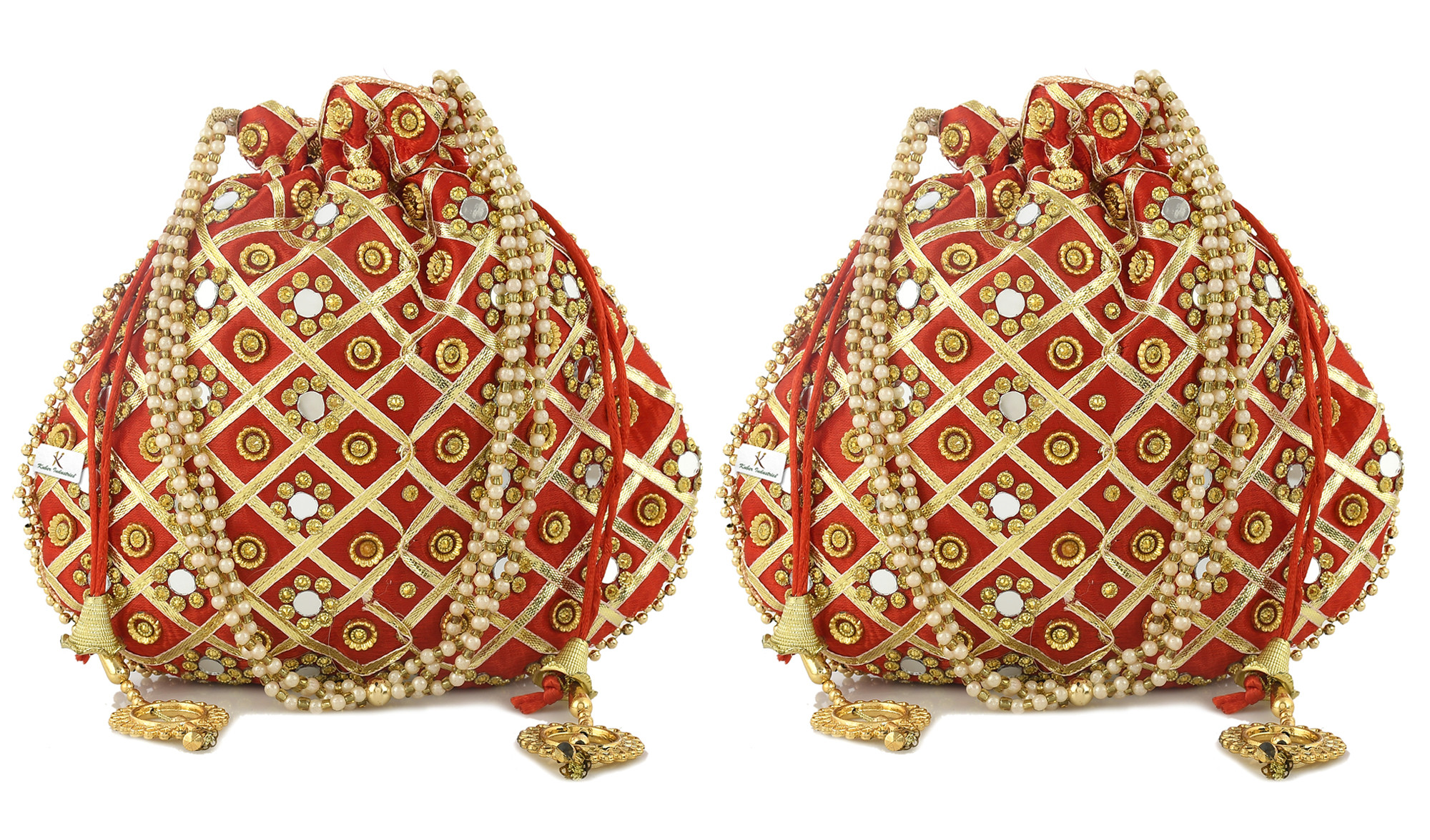 Kuber Industries Silk Traditional Mirror Work Clutch Potli Batwa Pouch Bag For Women/Girls (Red)-KUBMRT11487