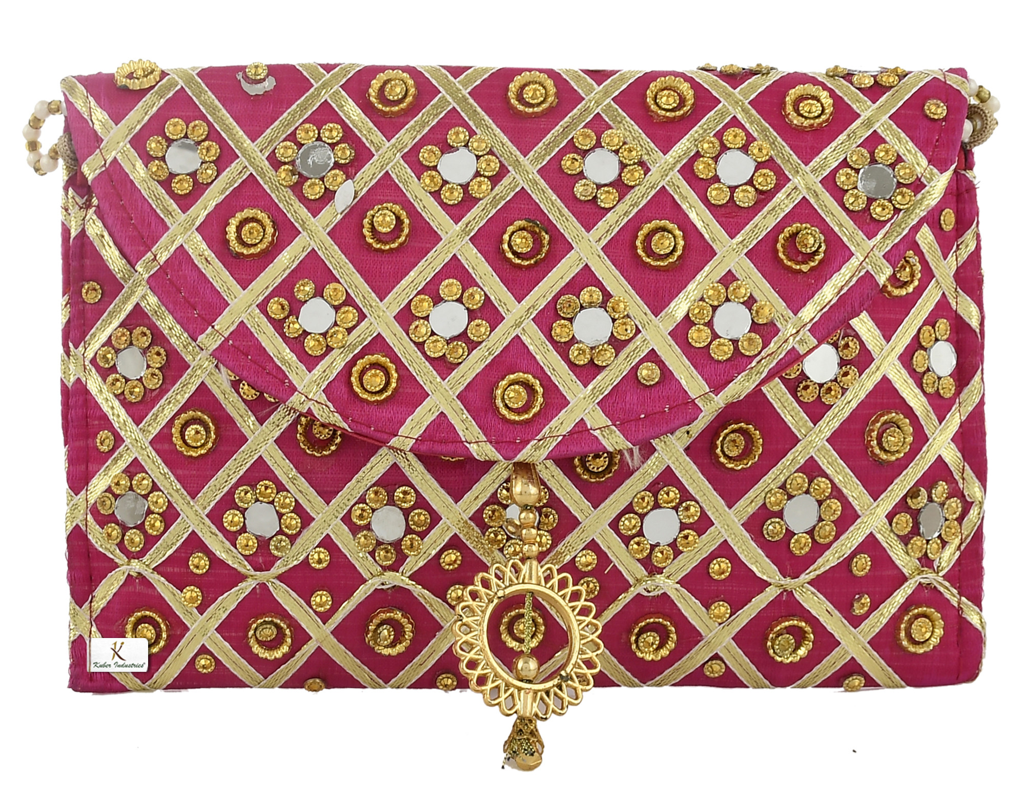 Kuber Industries Silk Traditional Mirror Work Envelope Clutch/Hand Purse Bag For Women/Girls (Pink)-KUBMRT11439