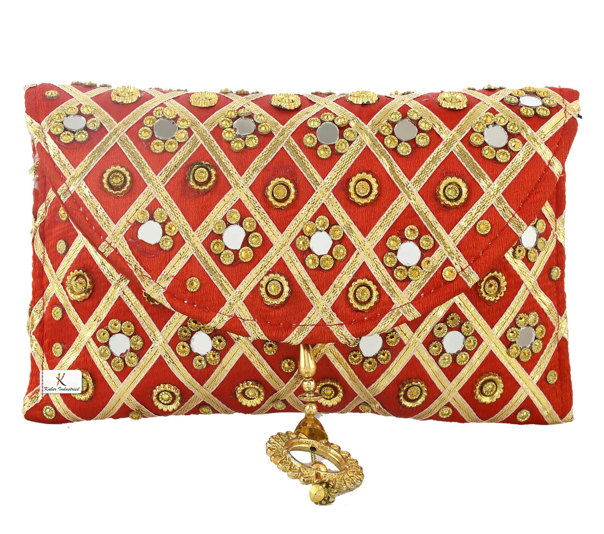 Kuber Industries Silk Traditional Mirror Work Envelope Clutch/Hand Purse Bag For Women/Girls (Red)-KUBMRT11447