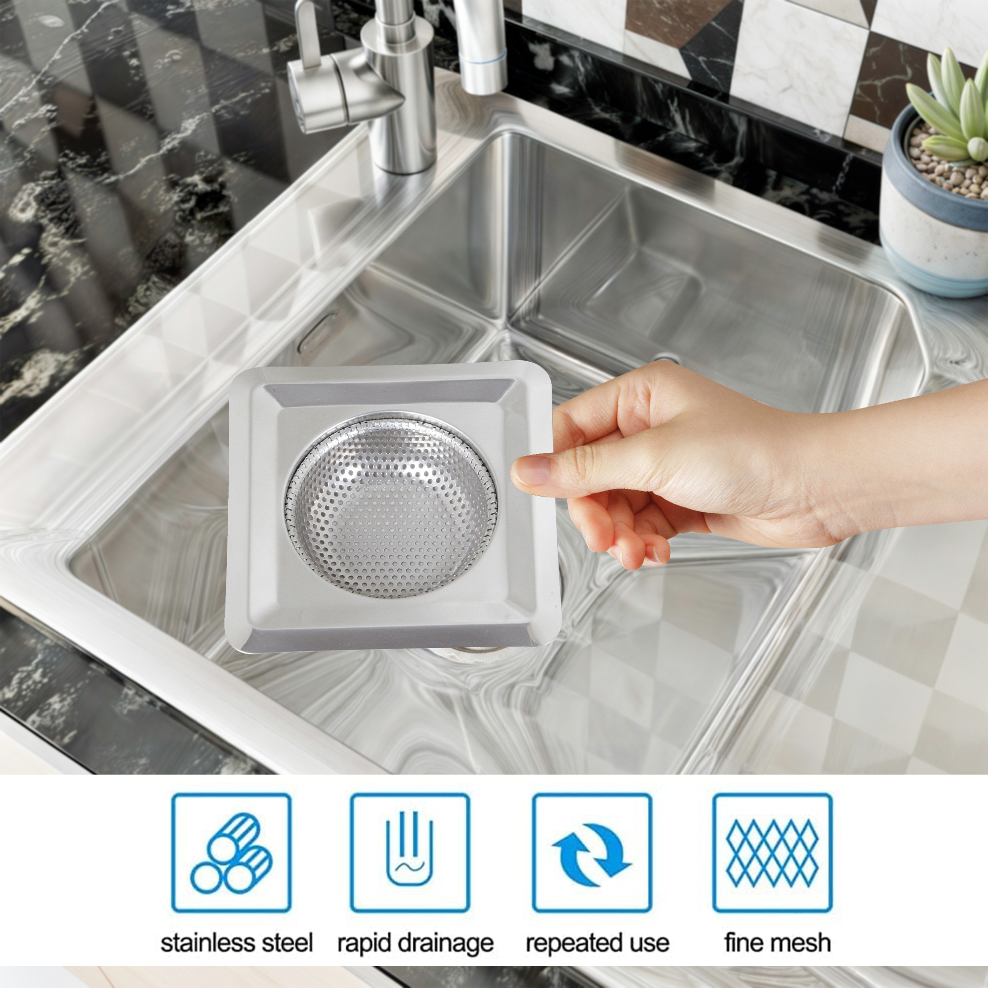 Kuber Industries Sink Strainer | Kitchen Sink Strainer | Sink Drain Strainer | Drain Catcher for Bathroom | Mesh Drain Deep Filter for Kitchen | Sink Square Moti Jali | 115 mm | Silver