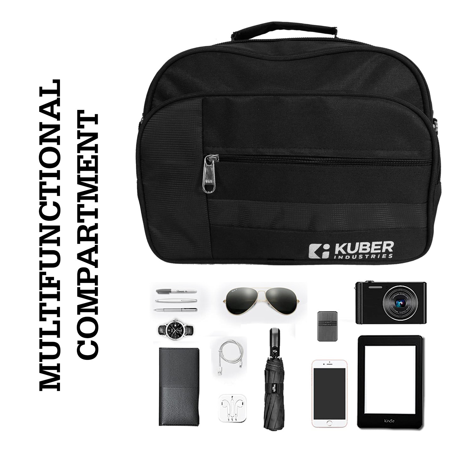 Kuber Industries Sling Bag|Canvas Adjustable Strap 4 Compartment Crossbody Bag|Sling Bag For Men|Sling Bags For Women|1 Inside Zip Pocket for Travel & Office (Black)