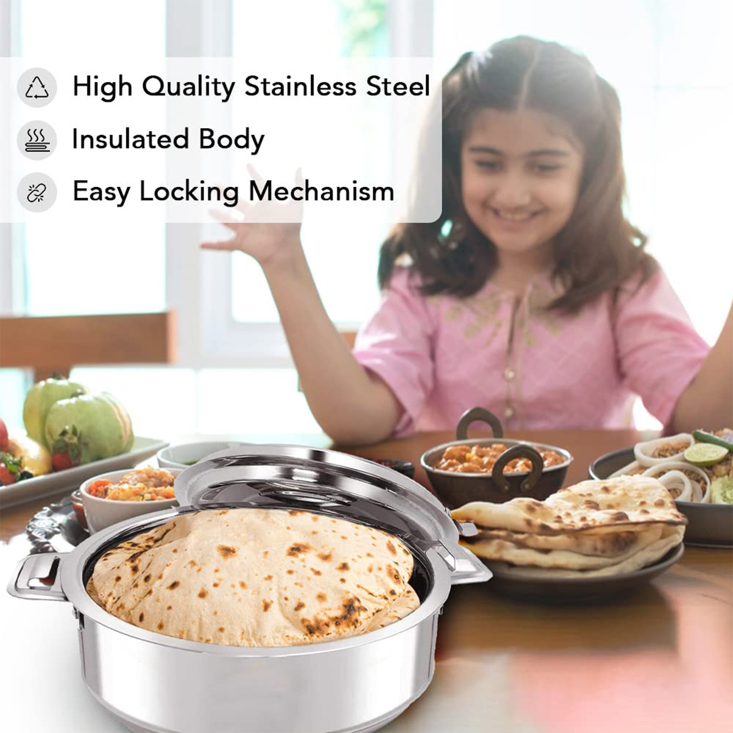 Kuber Industries Stainless Steel Casserole Box I 2000 ML |Elegant Chapati Box with Easy Lock Mechanism | Garam Puri & Roti Hot Box I Double Walled Heat Retention for Upto 8 hrs I Heavy Duty Gauge