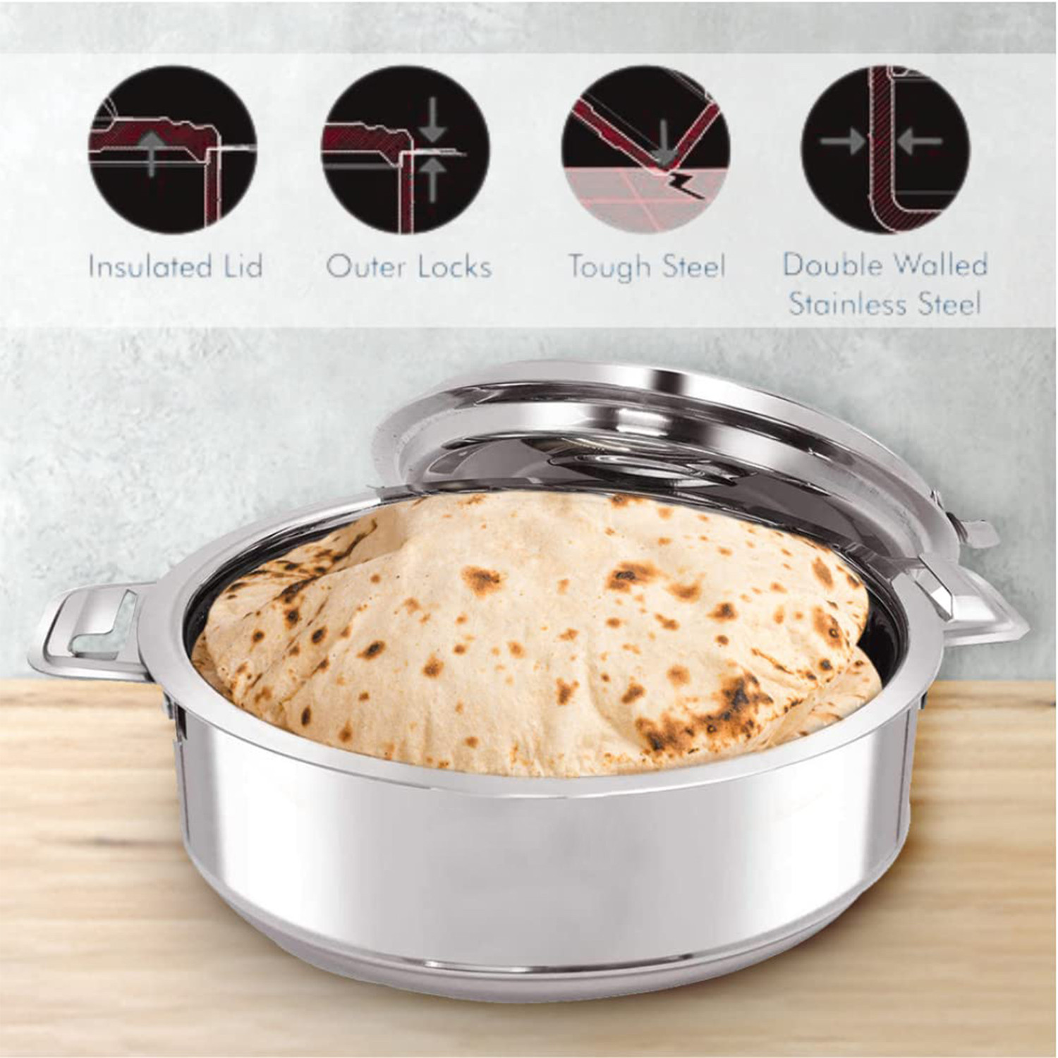 Kuber Industries Stainless Steel Casserole Box I 2000 ML |Elegant Chapati Box with Easy Lock Mechanism | Garam Puri & Roti Hot Box I Double Walled Heat Retention for Upto 8 hrs I Heavy Duty Gauge