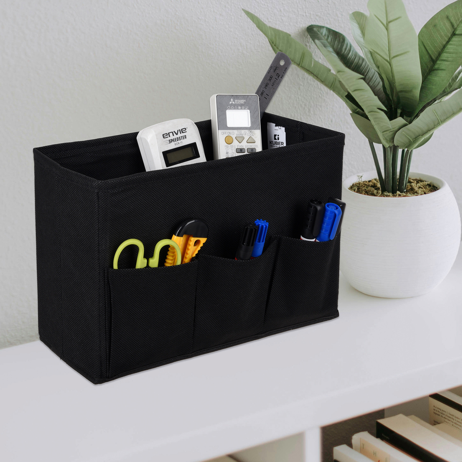 Kuber Industries Stationary Box | Non-Woven Files Organizer for Office | Desk Organizer | Stationary Organizer for Kids Room with 3 Compartment | Plain Storage Box | Small | Black