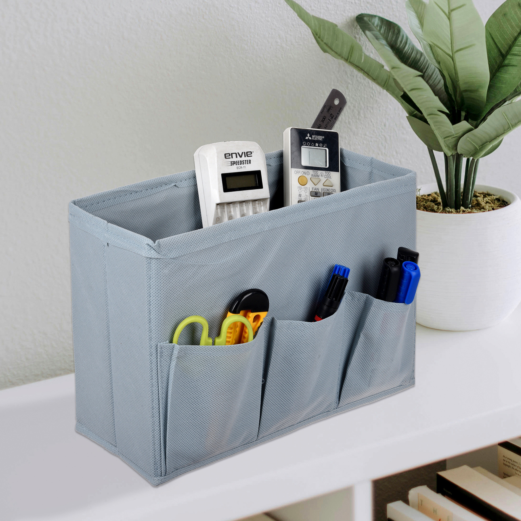 Kuber Industries Stationary Box | Non-Woven Files Organizer for Office | Desk Organizer | Stationary Organizer for Kids Room with 3 Compartment | Plain Storage Box | Small | Gray