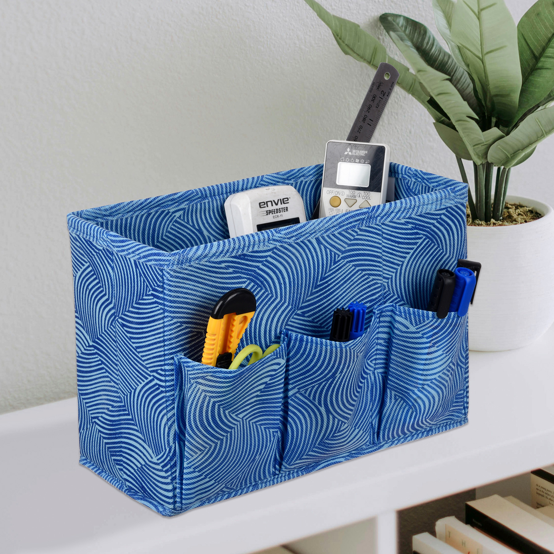 Kuber Industries Stationary Box | Non-Woven Files Organizer for Office | Desk Organizer | Stationary Organizer for Kids Room with 3 Compartment | Zig Zag Storage Box | Small | Blue