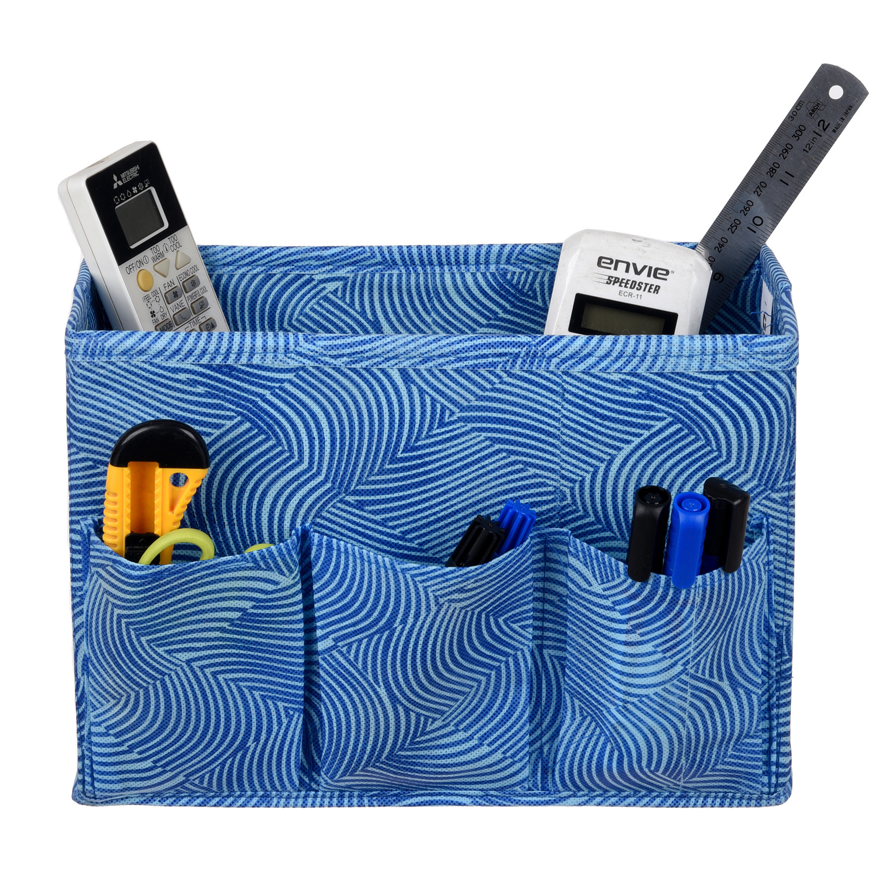 Kuber Industries Stationary Box | Non-Woven Files Organizer for Office | Desk Organizer | Stationary Organizer for Kids Room with 3 Compartment | Zig Zag Storage Box | Small | Blue
