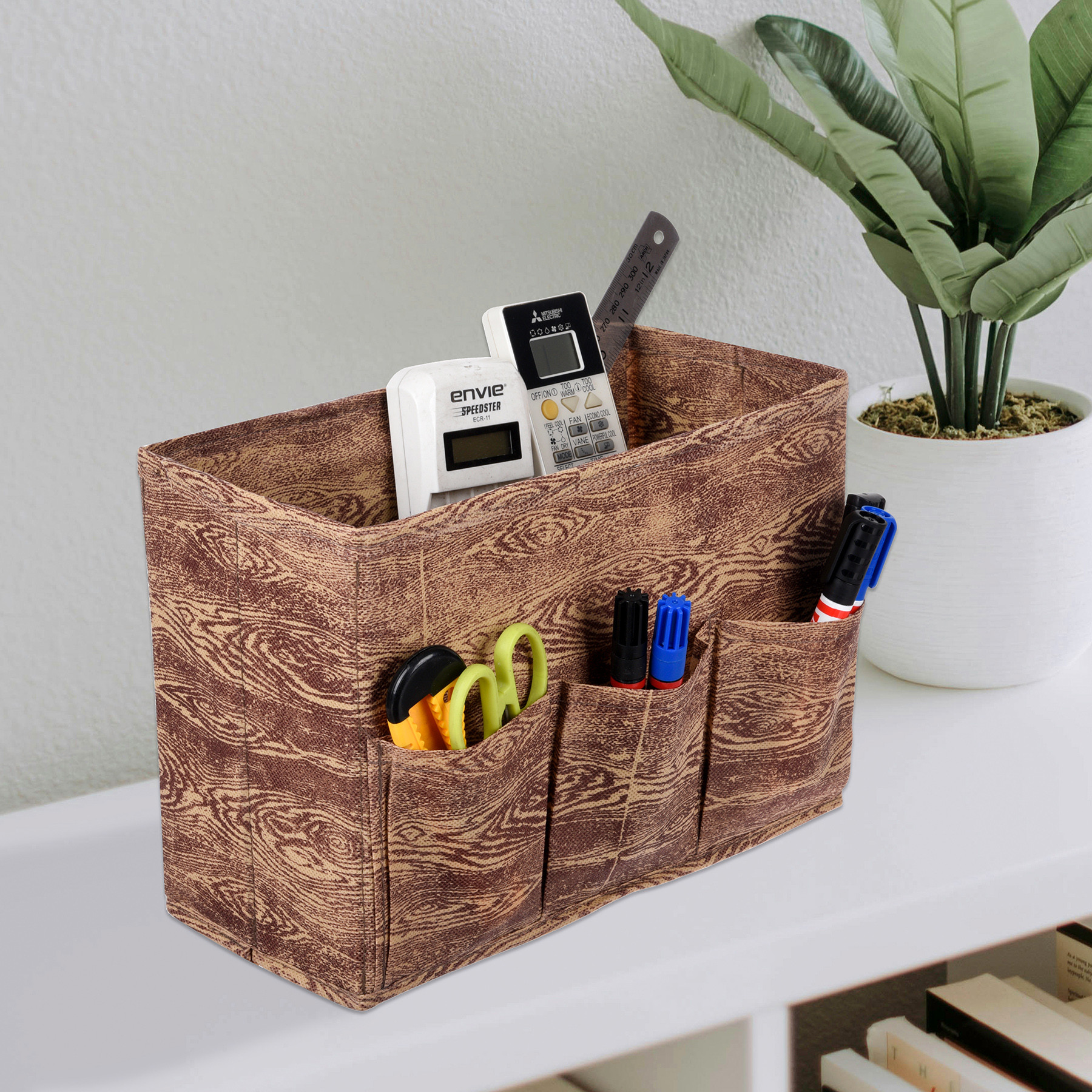 Kuber Industries Stationary Box | Non-Woven Files Organizer for Office | Desk Organizer | Stationary Organizer for Kids Room with 3 Compartment | Storage Box | Small | Wooden