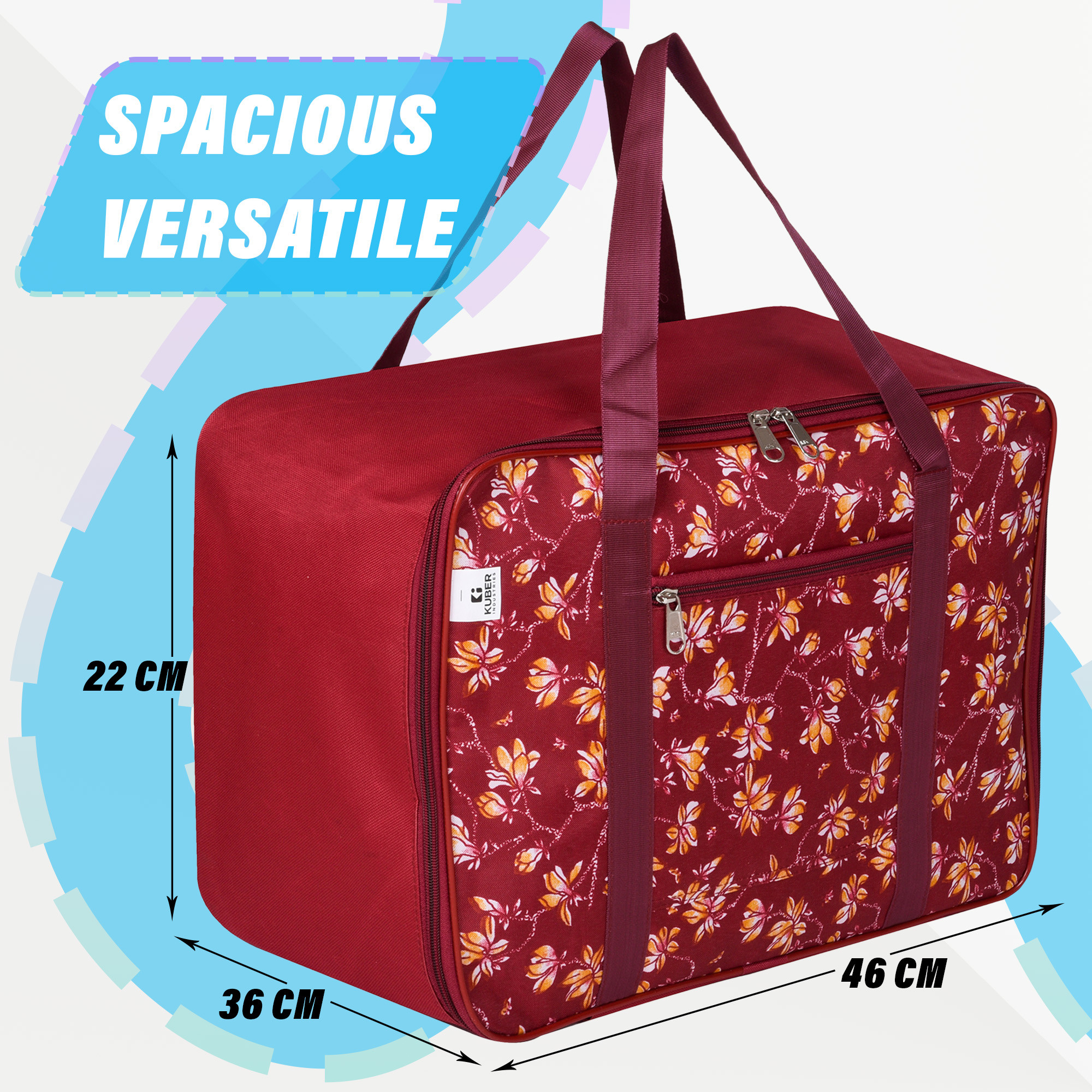 Kuber Industries Storage Bag | Clothes Storage Attachi Bag | Underbed Storage Bag | Zipper Storage Bag | Wardrobe Organizer with Handle | Travel Attachi Bag | Flower-Print | Small | Maroon