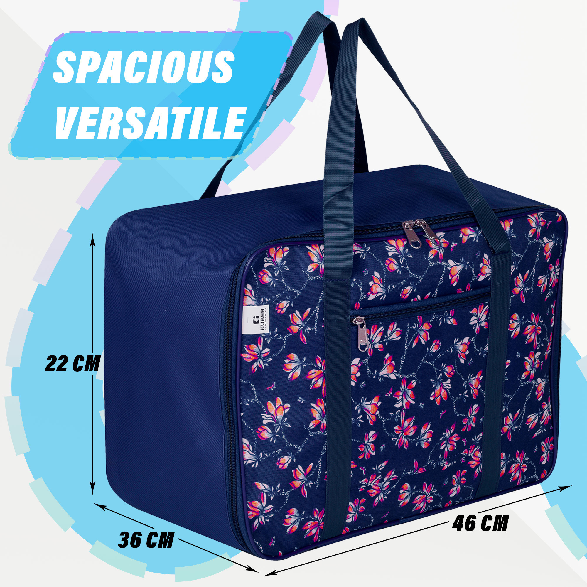 Kuber Industries Storage Bag | Clothes Storage Attachi Bag | Underbed Storage Bag | Zipper Storage Bag | Wardrobe Organizer with Handle | Travel Attachi Bag | Flower-Print | Small | Navy Blue