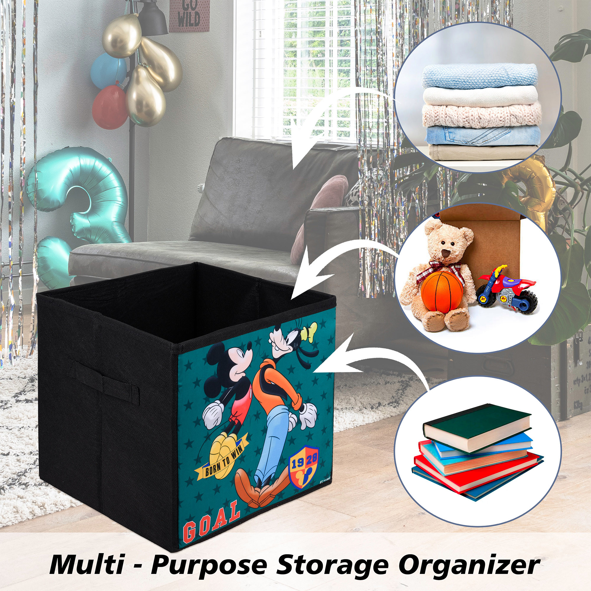 Kuber Industries Storage Box | Square Toy Storage Box | Wardrobe Organizer for Clothes-Books-Toys | Stationary Organizer | Drawer Organizer Box with Handle | Disney-Print | Black & Navy Blue