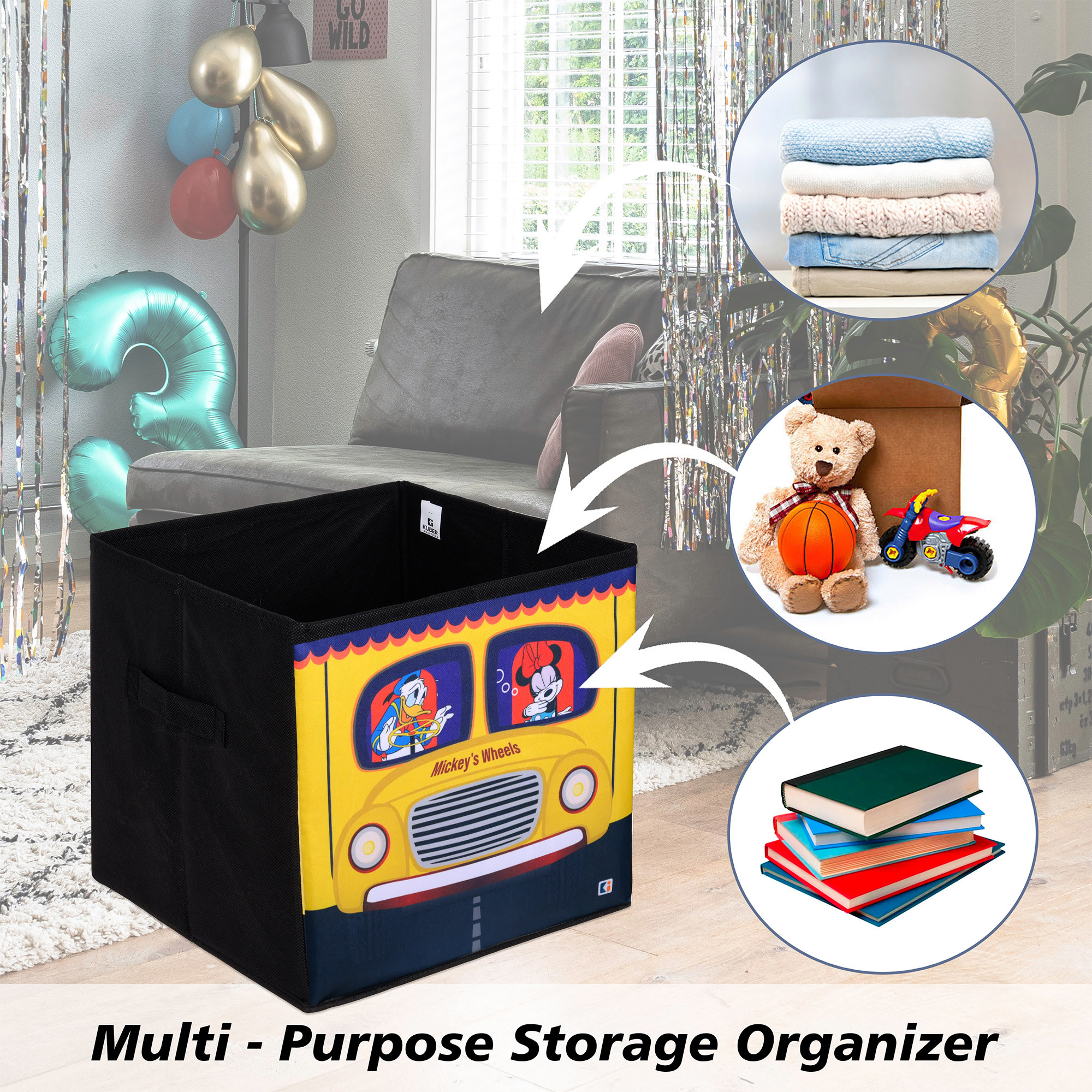 Kuber Industries Storage Box | Square Toy Storage Box | Wardrobe Organizer for Clothes-Books-Toys-Stationary | Drawer Organizer Box with Handle | Disney-Print | Yellow & Navy Blue
