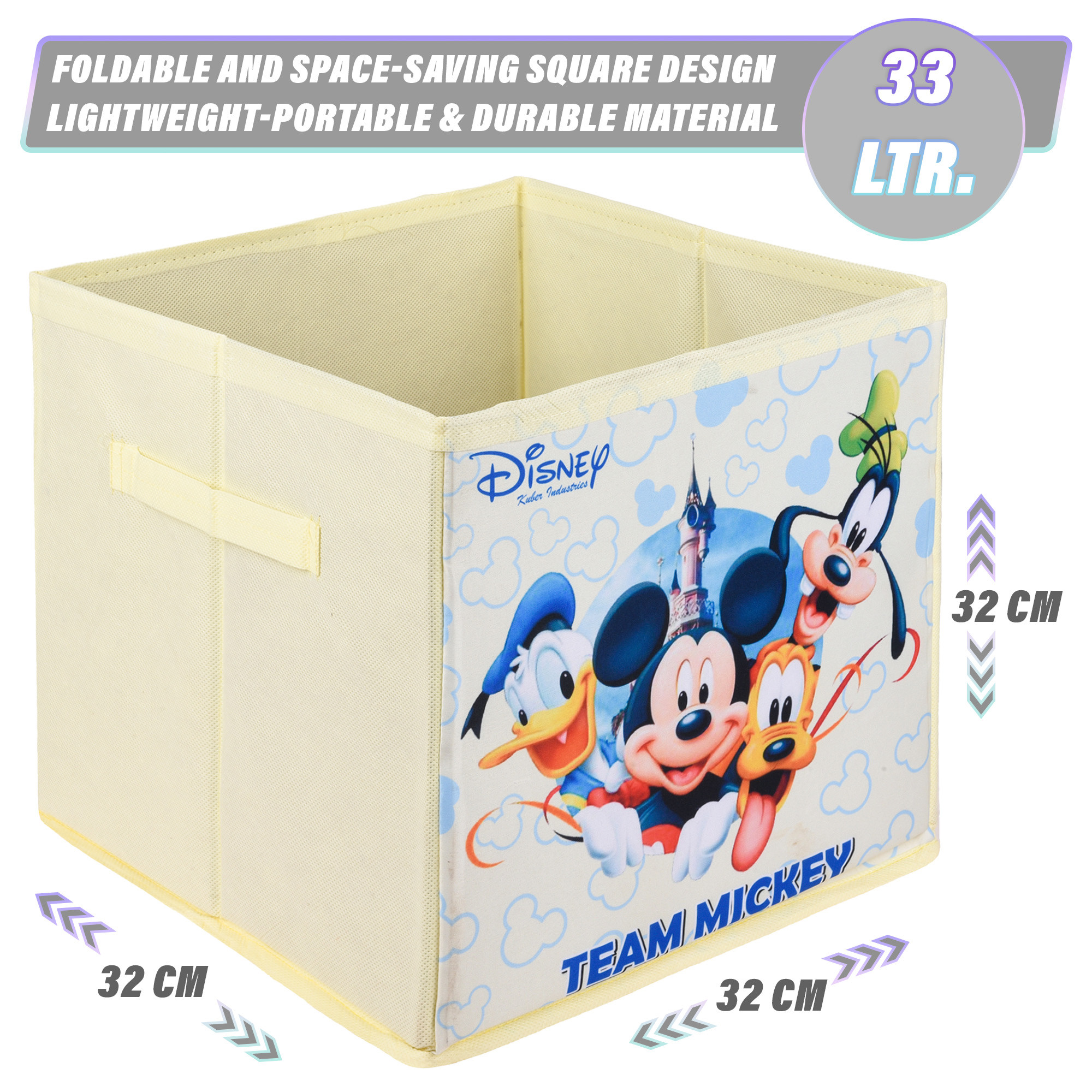 Kuber Industries Storage Box | Square Toy Storage Box | Wardrobe Organizer for Clothes-Books-Toys-Stationary | Drawer Organizer Box with Handle | Disney-Print | Yellow & Cream