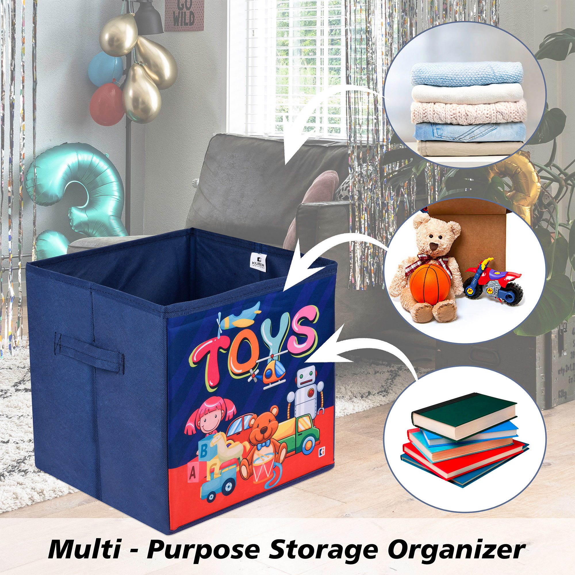 Kuber Industries Storage Box | Square Toy Storage Box | Wardrobe Organizer for Clothes-Books-Toys-Stationary | Drawer Organizer Box with Handle | Disney-Print | Navy Blue & Black