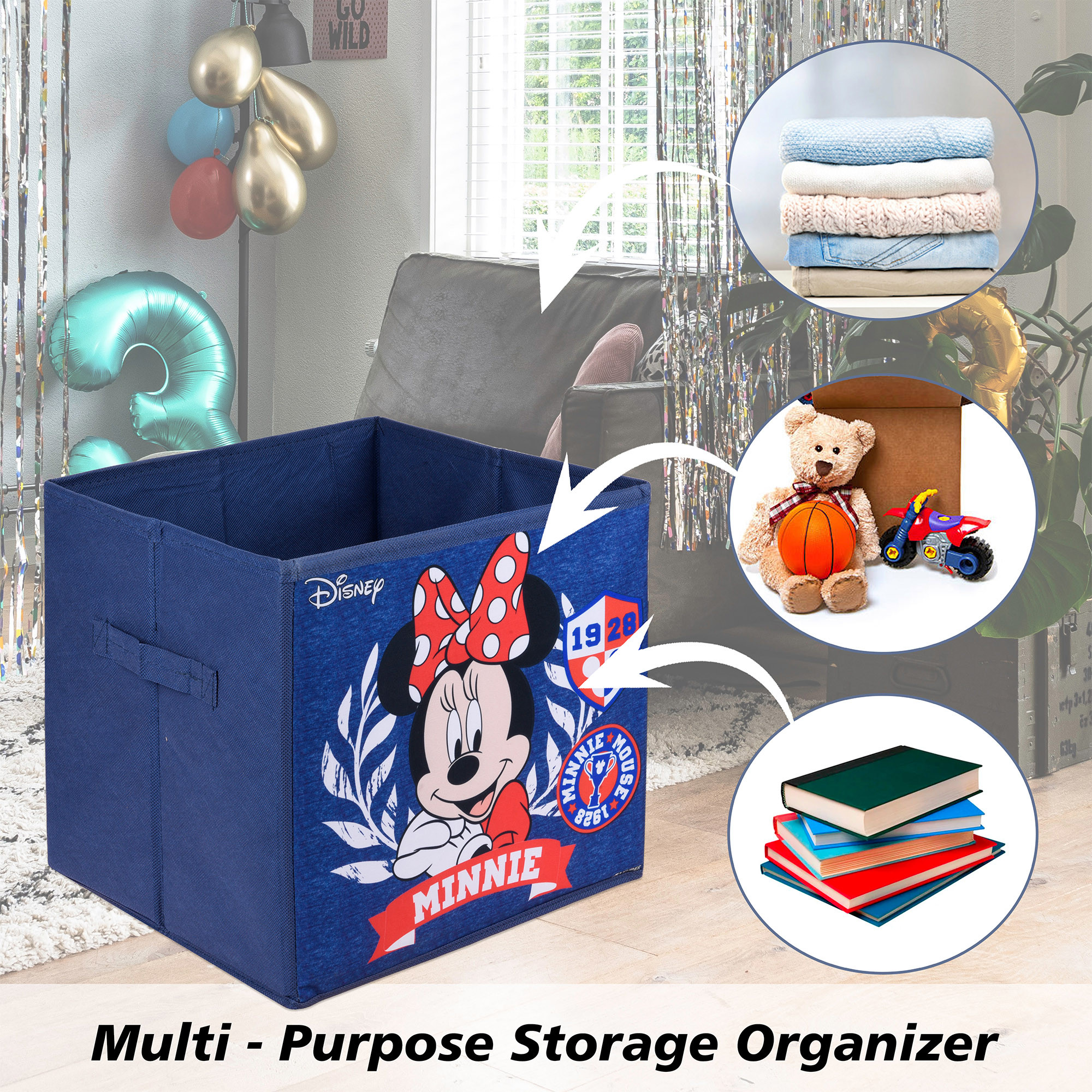 Kuber Industries Storage Box | Square Toy Storage Box | Wardrobe Organizer for Clothes-Books-Toys-Stationary | Drawer Organizer Box with Handle | Disney-Print | Navy Blue & Sky Blue