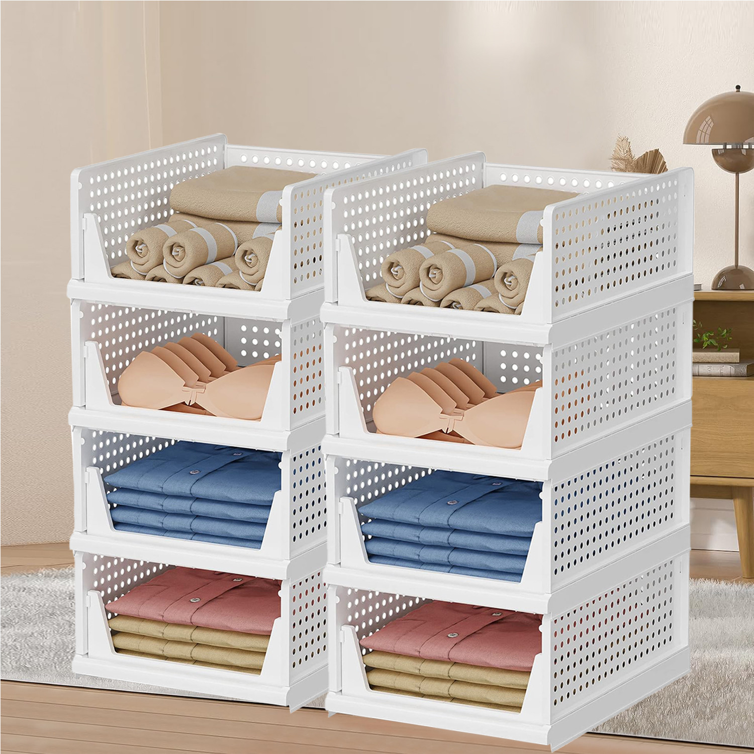 Kuber Industries Storage Organizer | Wardrobe Organizer For Clothes | Cupboard Organizer | Foldable Shirt Stacker Box | Cloth Box for Almirah | Closet Storage Basket | Large |White