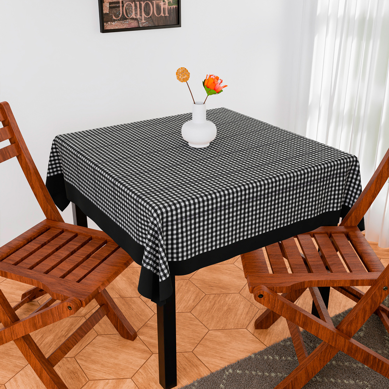 Kuber Industries Table Cover | Cotton Dining Table Cover | Table Cloth | Center Table Cover | Table Cover for Kitchen Table | Barik Check Table Cover for Hall Décor | 54 Inch | Black