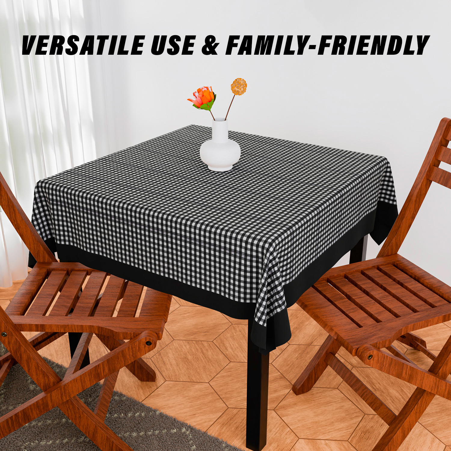 Kuber Industries Table Cover | Cotton Dining Table Cover | Table Cloth | Center Table Cover | Table Cover for Kitchen Table | Barik Check Table Cover for Hall Décor | 54 Inch | Black