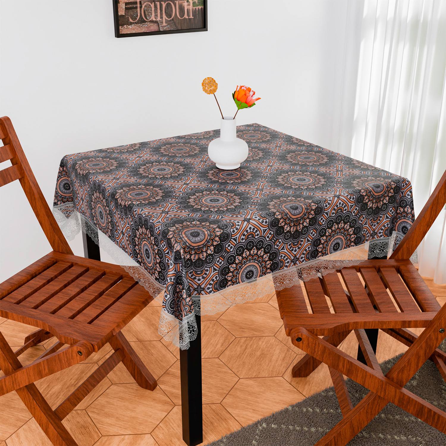 Kuber Industries Table Cover | PVC Dining Table Cover | Table Cloth | Center Table Cover | Table Cover for Kitchen Table | Rangoli Table Cover for Hall Décor | 54 Inch | Black