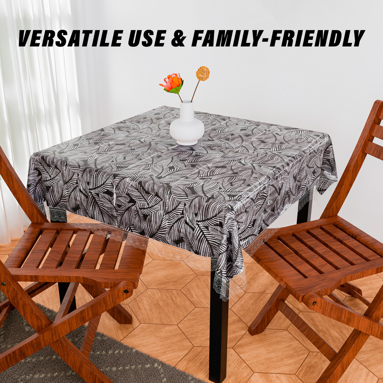 Kuber Industries Table Cover | PVC Dining Table Cover | Table Cloth | Center Table Cover | Table Cover for Kitchen Table | Transparent Leaf Table Cover for Hall Décor | 54 Inch | Black