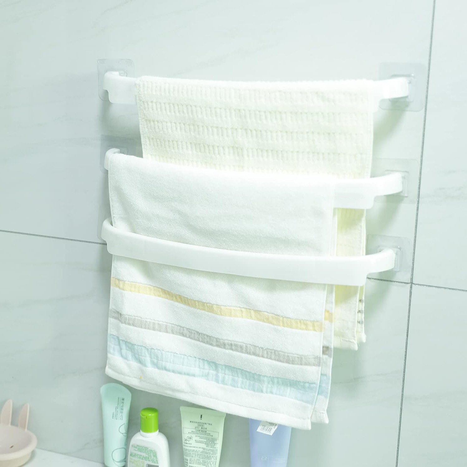 Kuber Industries Towel Hanger for Bathroom|Wall Mounted Cloth Hanger|Multipurpose Cloth & Napkin Holder|Premium PP Material|Self-Adhesive DIY Installation|Pack of 3|White