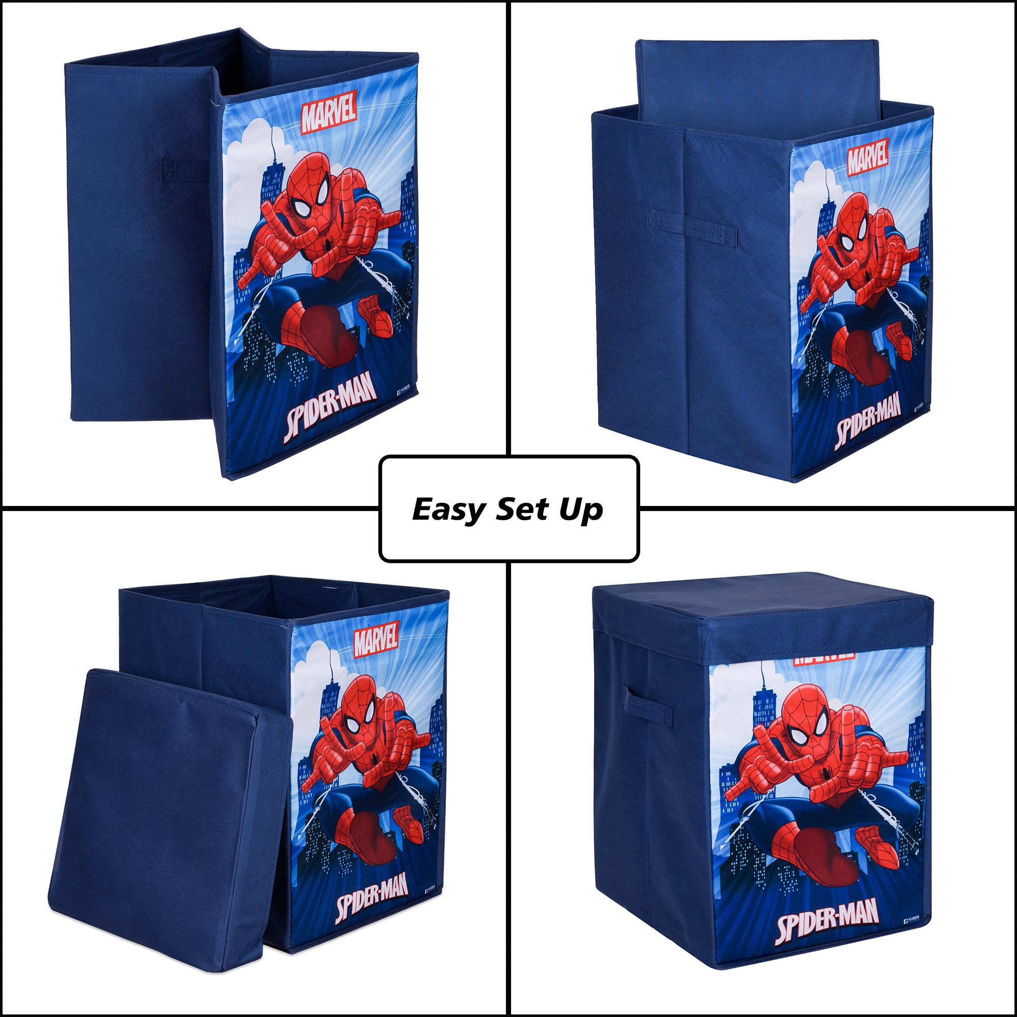 Kuber Industries Toy Storage Box | Laundry Basket for Toys | Folding Laundry Basket | Clothes Hamper with Lid & Handles | Storage Basket for Bathroom | Marvel Spiderman | 60 LTR | Navy Blue