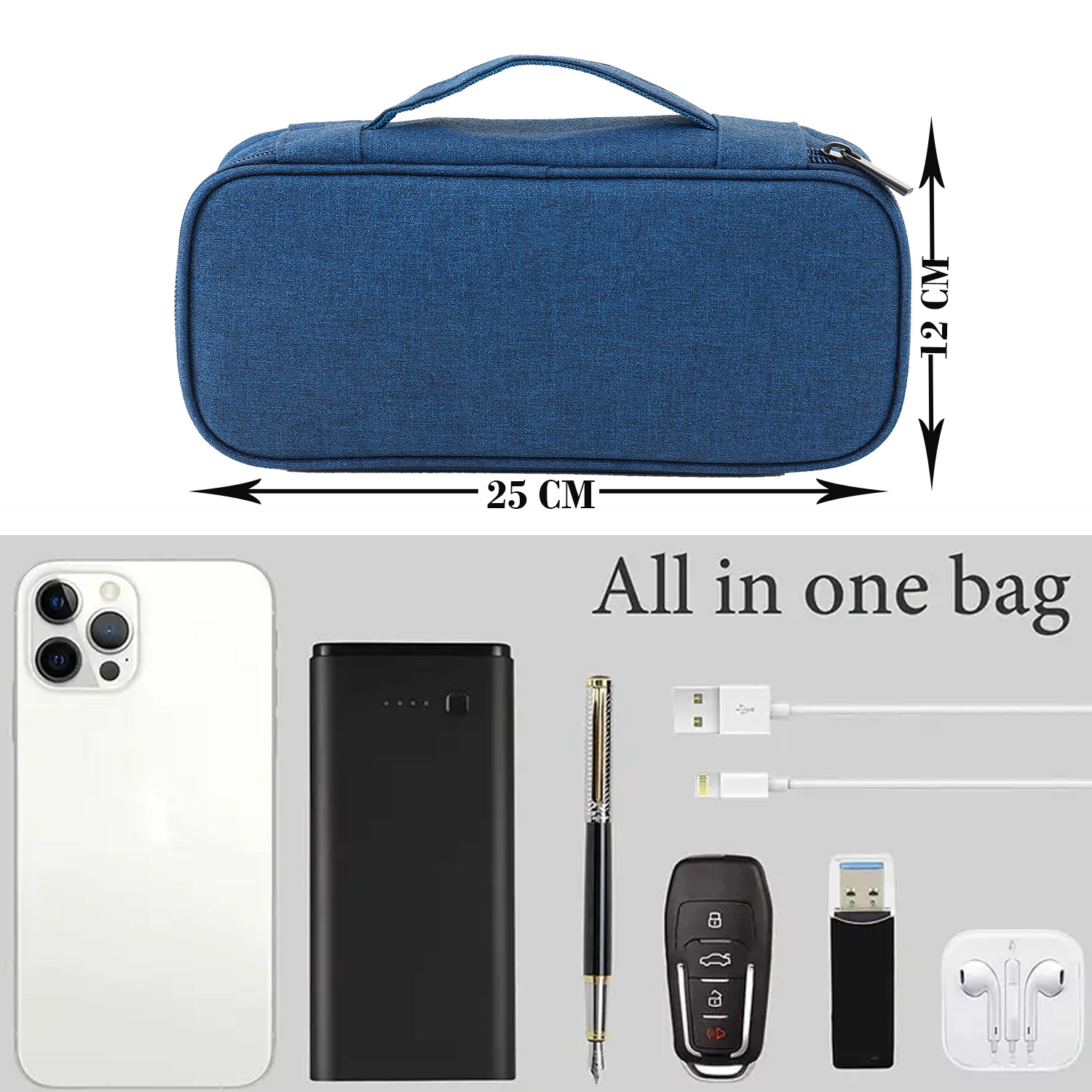 Kuber Industries Travel Organizer For Electronic Accessories|Multipurpose Pouch|Adapter, Cable, Gadget Organizer|Two Comparment With Zipper (Navy Blue)