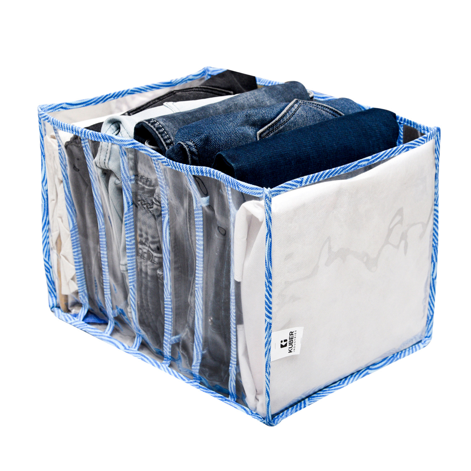 Kuber Industries Wardrobe Cloth Organizer | PVC .40mm Blue Zig Zag Drawer Organizer | 7 Grids Foldable | Clear Transparent for T-shirts | Trousers | Socks | Blue