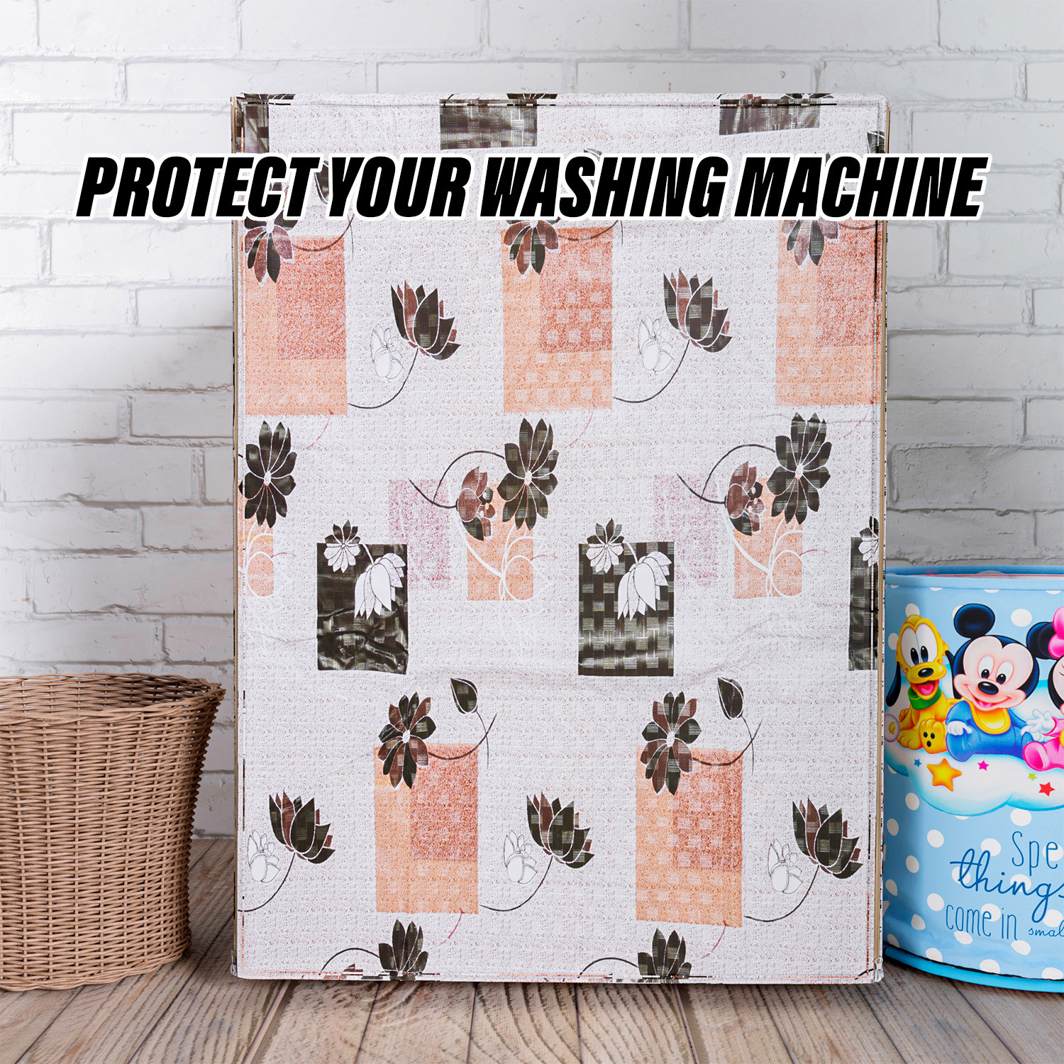 Kuber Industries Washing Machine Cover | Brown Flower Print Washing Machine Cover | PVC Front Load Washing Machine Cover | Cream