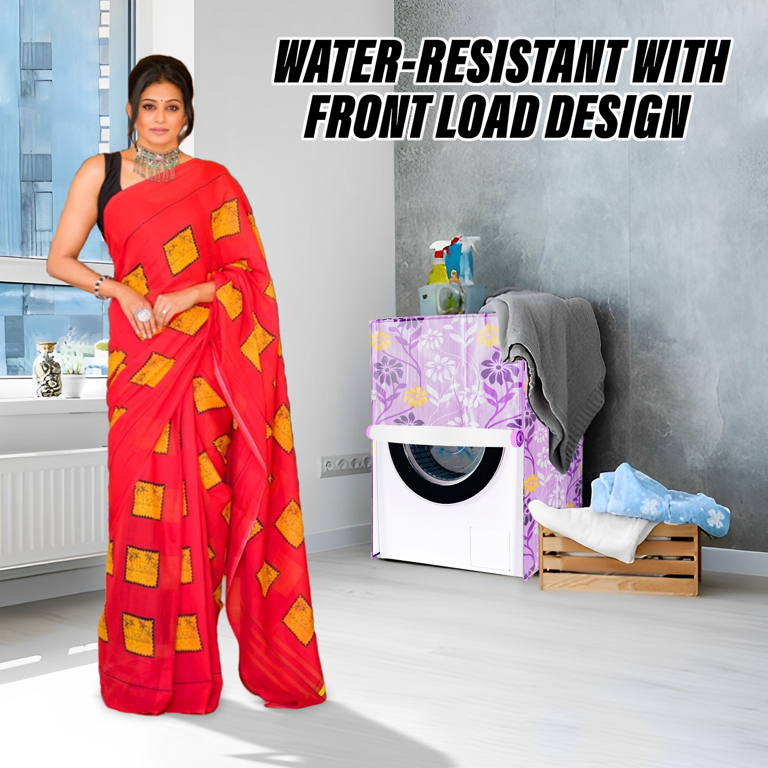 Kuber Industries Washing Machine Cover | Flower Print Washing Machine Cover | Knitting Polyester | Front Load Washing Machine Cover | Purple