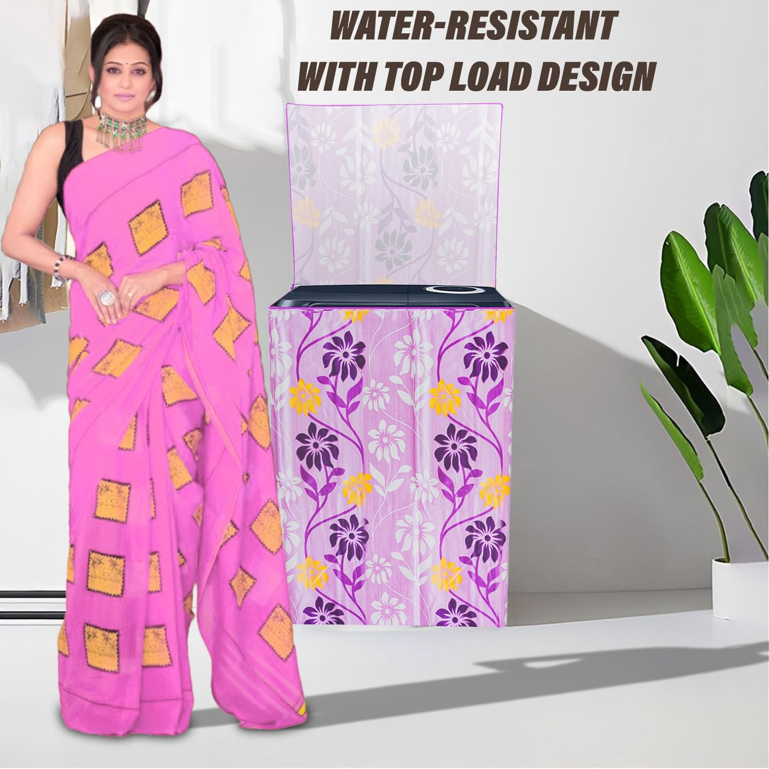 Kuber Industries Washing Machine Cover | Flower Print Washing Machine Cover | Knitting Polyester | Top Load Semi-Automatic Washing Machine Cover | Purple