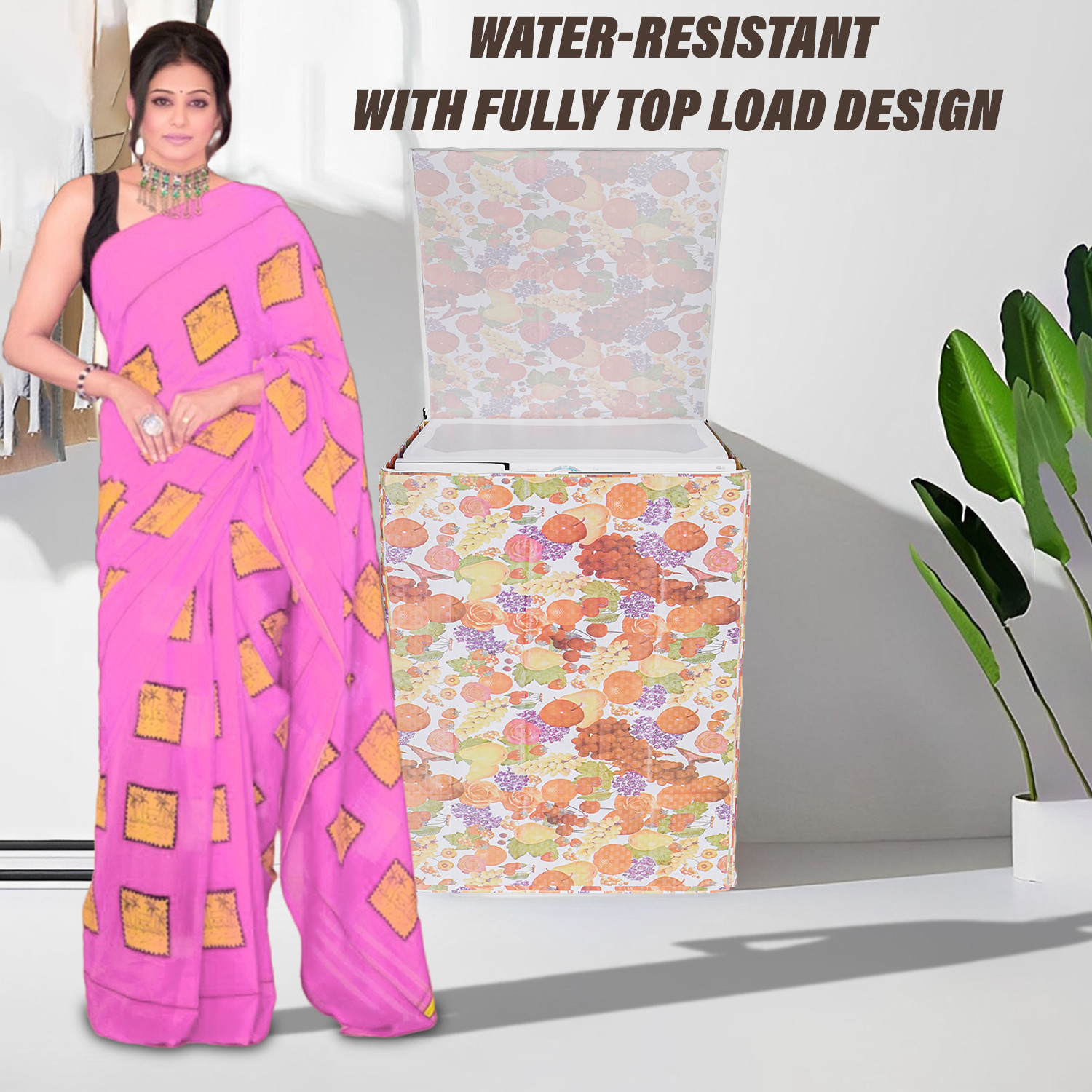 Kuber Industries Washing Machine Cover | Fruit Print Washing Machine Cover | PVC | Top Load Fully-Automatic Washing Machine Cover | Multi