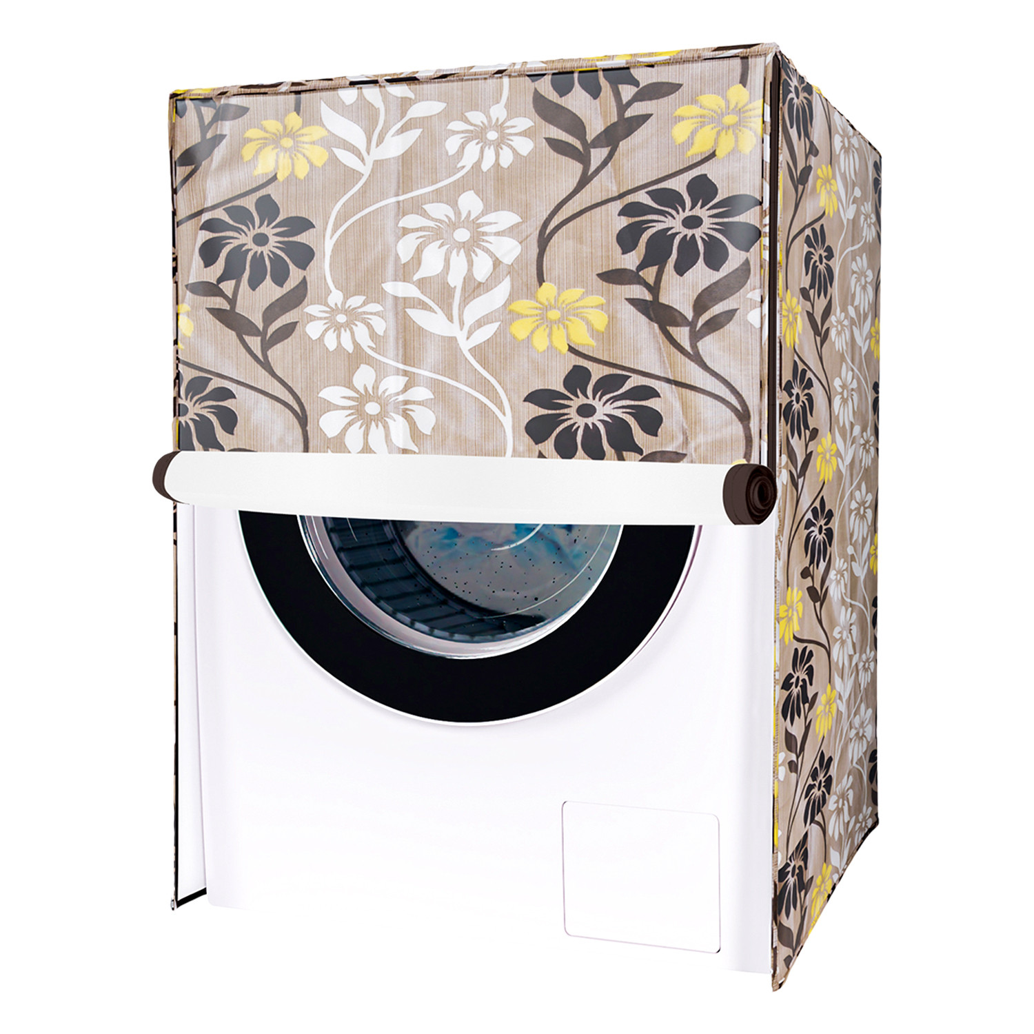 Kuber Industries Washing Machine Cover | Golden Flower Print Washing Machine Cover | Knitting Polyester | Front Load Washing Machine Cover | Brown