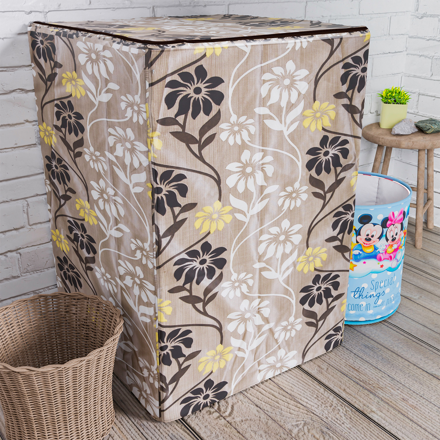 Kuber Industries Washing Machine Cover | Golden Flower Print Washing Machine Cover | Knitting Polyester | Top Load Fully-Automatic Washing Machine Cover | Brown