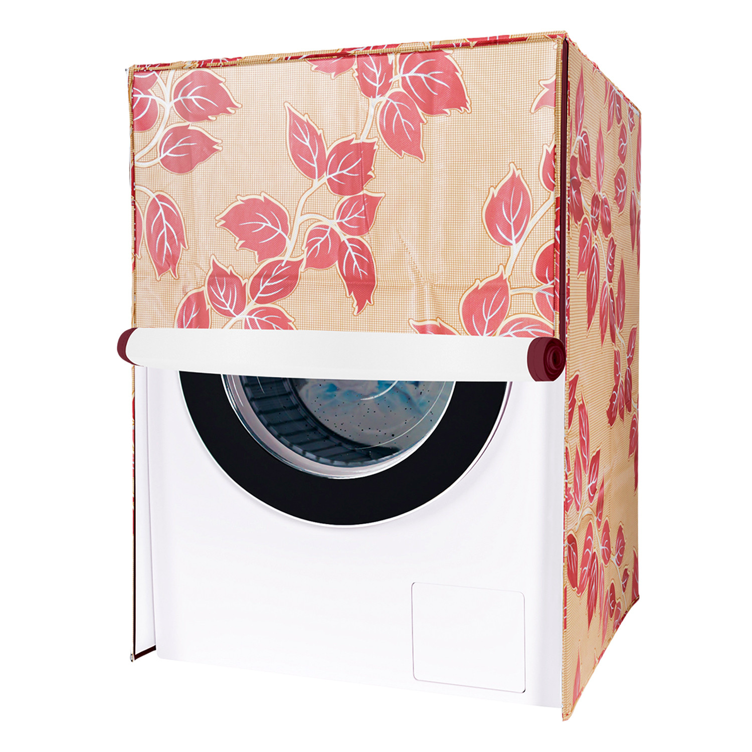 Kuber Industries Washing Machine Cover | Leaf Print Washing Machine Cover | PVC | Front Load Washing Machine Cover | Red