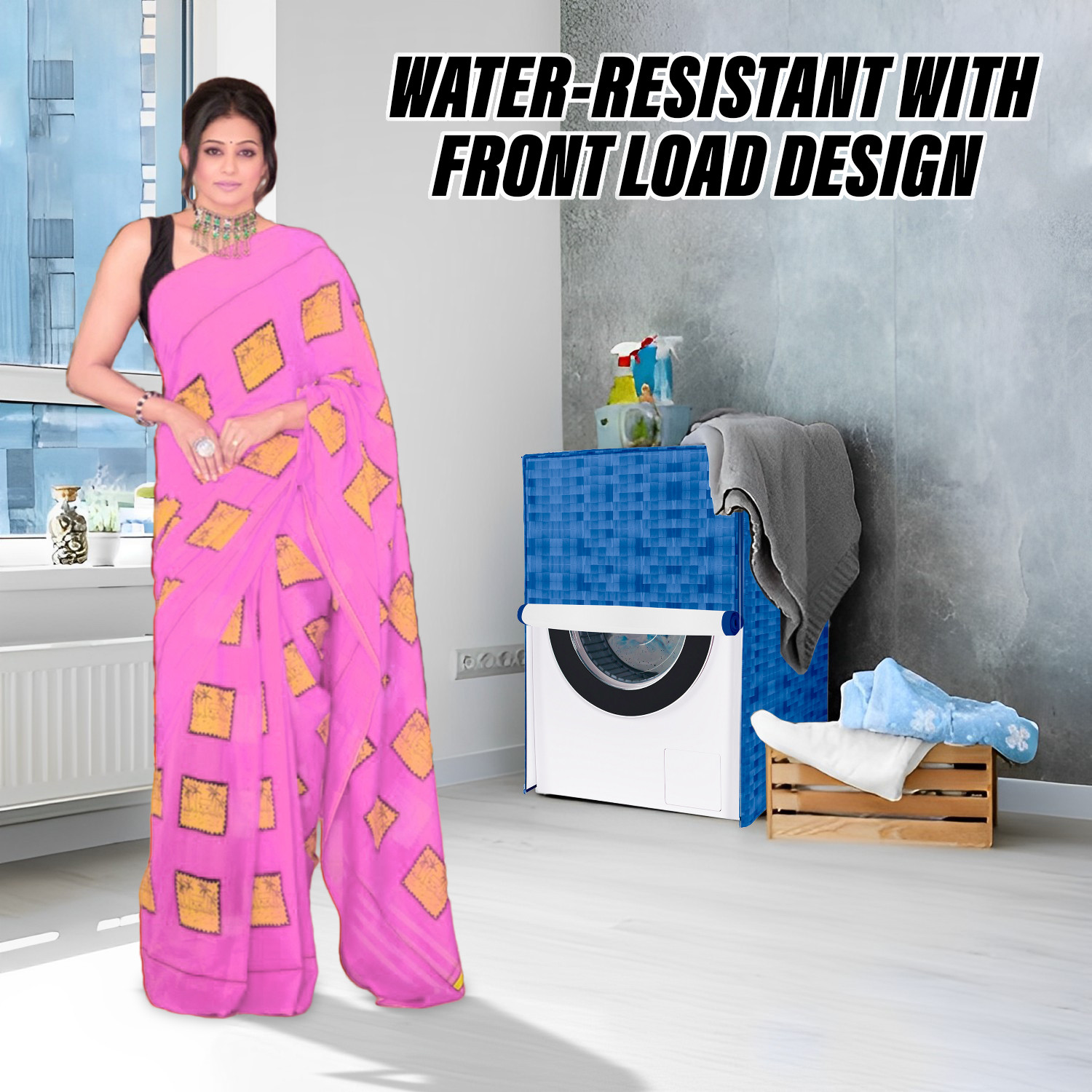 Kuber Industries Washing Machine Cover | Shelf Check Washing Machine Cover | Soft PVC | Front Load Washing Machine Cover | Blue