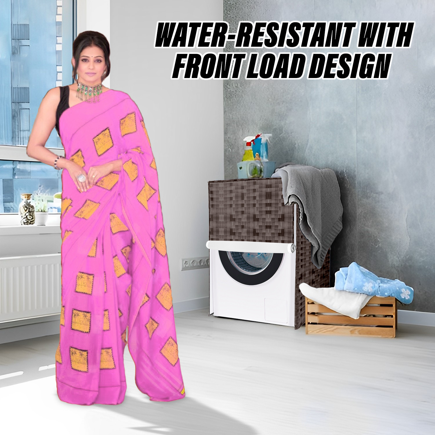 Kuber Industries Washing Machine Cover | Shelf Check Washing Machine Cover | Soft PVC | Front Load Washing Machine Cover | Brown