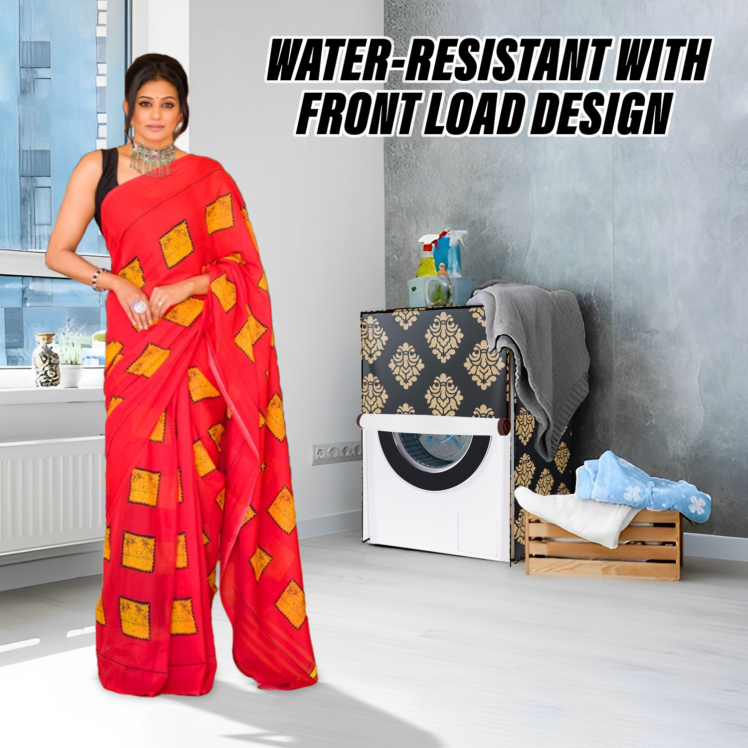 Kuber Industries Washing Machine Cover | Square Design Washing Machine Cover | Knitting Polyester | Front Load Washing Machine Cover | Brown