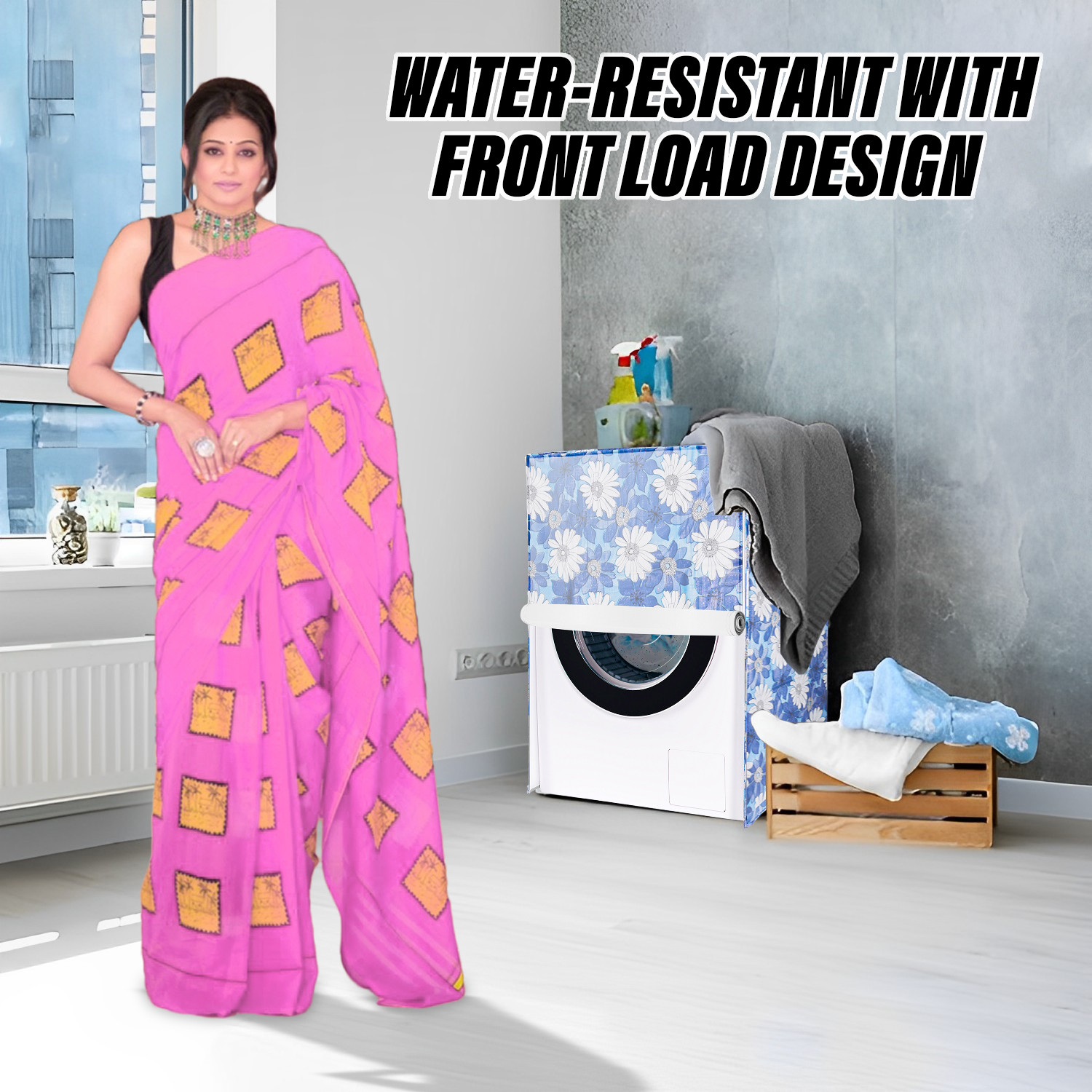 Kuber Industries Washing Machine Cover | Sun Flower Print Washing Machine Cover | PVC Front Load Washing Machine Cover | Blue