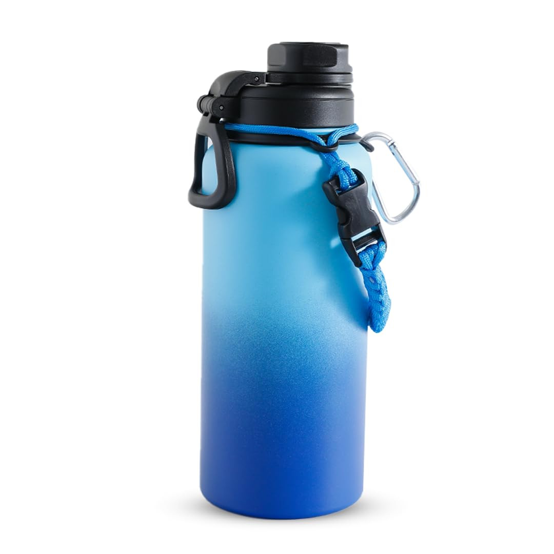 Kuber Industries Water Bottle | Steel Water Bottle for Daily Use | Vacuum Insulated Flask Water Bottle with Rope | Hot & Cold Water Bottle | 960 ML | LX-230609 | Aqua Blue