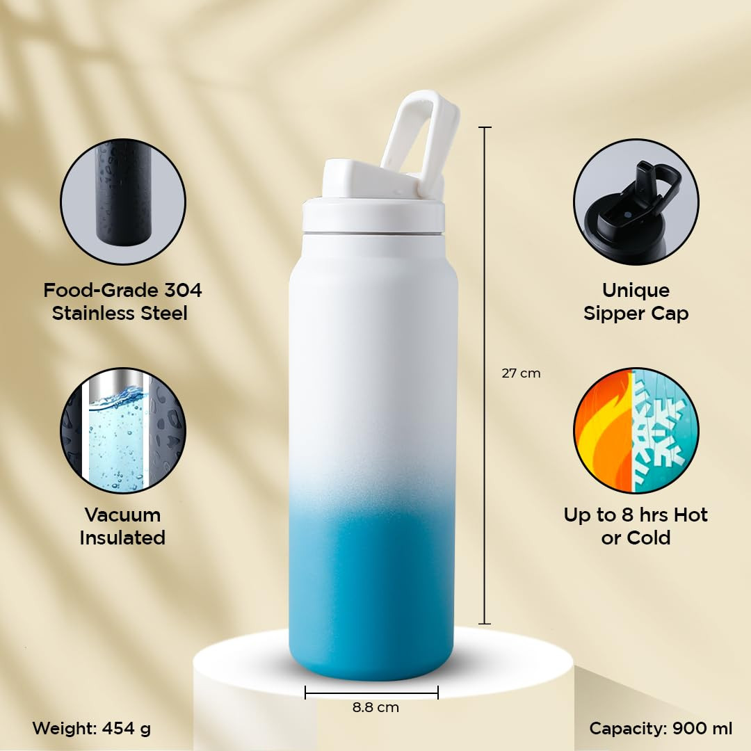 Kuber Industries Water Bottle | Vacuum Insulated Travel Bottle | Gym Water Bottle | Hot & Cold Water Bottle | Water Bottle with Sipper Cap | DA230803 | 900 ML | White & Blue