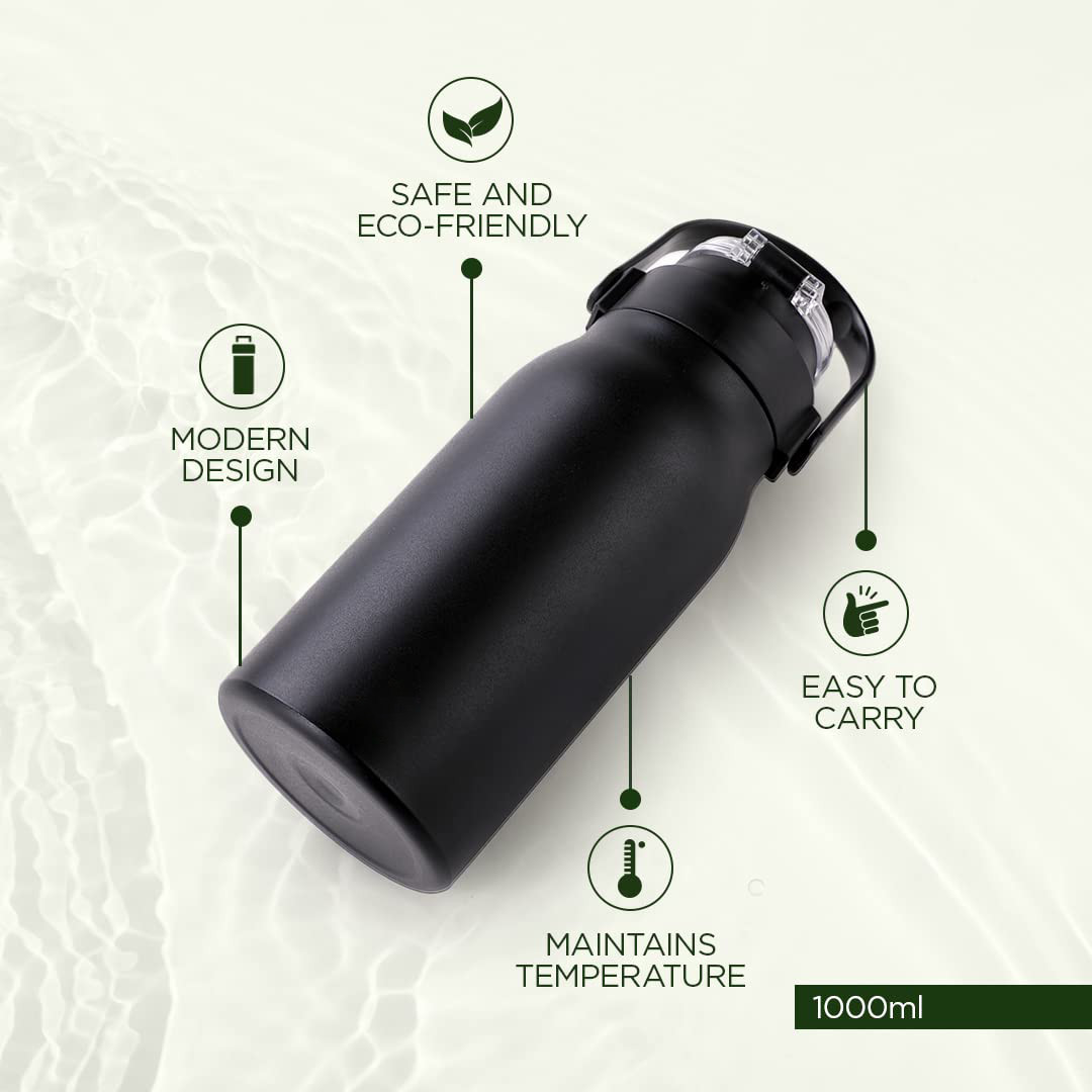 Kuber Industries Water Bottle | Vacuum Insulated Travel Bottle | Hot & Cold Water Bottle | Sipper Lid & Handle Water Bottle | 1000 ML | Pack of 3 | HH-22111A | Black