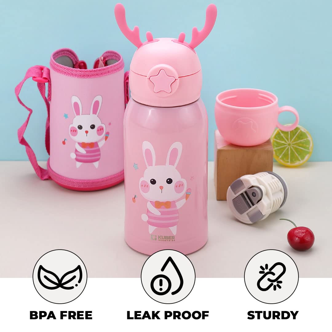 Kuber Industries Water Bottle for Kids, Bunny Design Stainless Steel Flask with Straw, Cup & Fabric Cover, Sipper, Food Grade Plastic Lid, Broad Fabric Strap, Leak Proof, BPA Free, 500 ml, Pack of 1